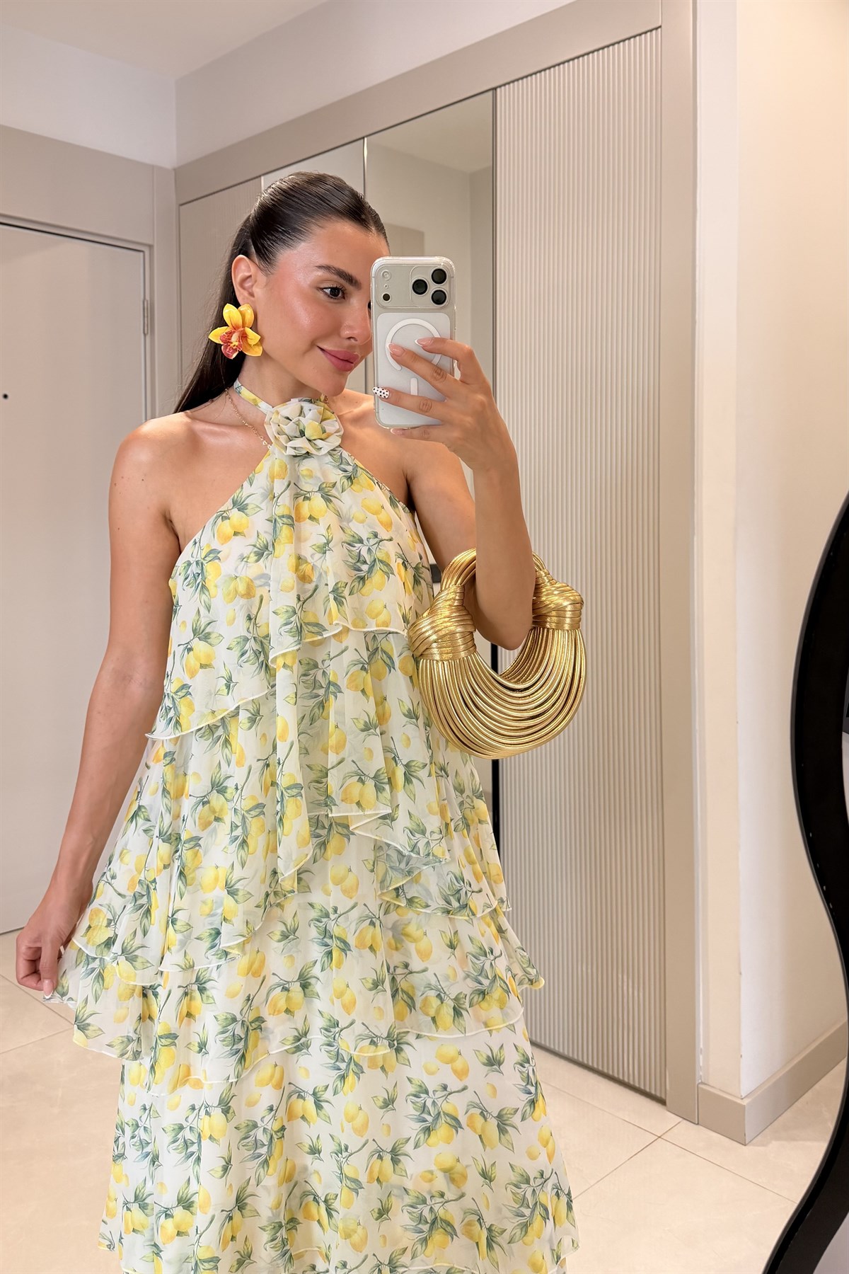 Amalfi Sarı Limon Desen Kat Kat Elbise