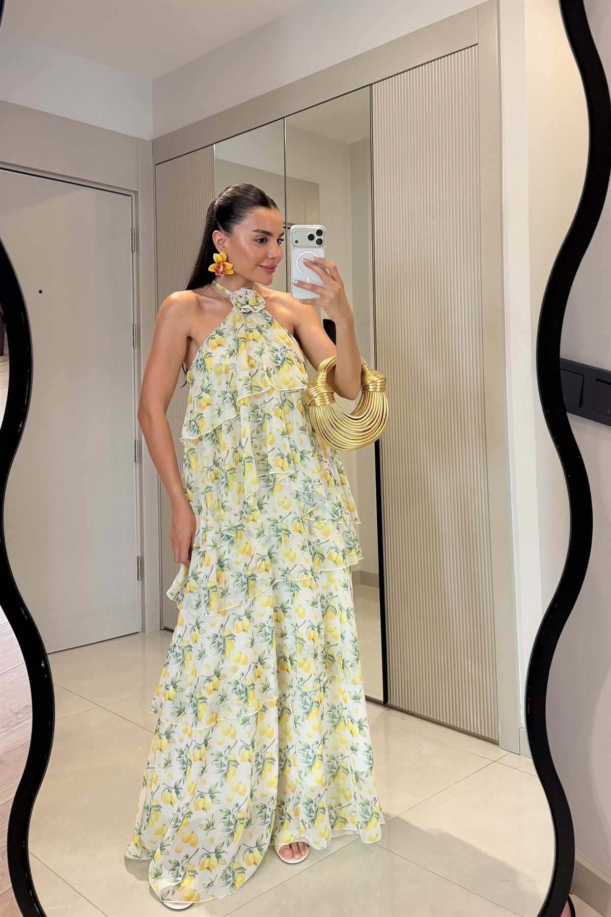 Amalfi Sarı Limon Desen Kat Kat Elbise