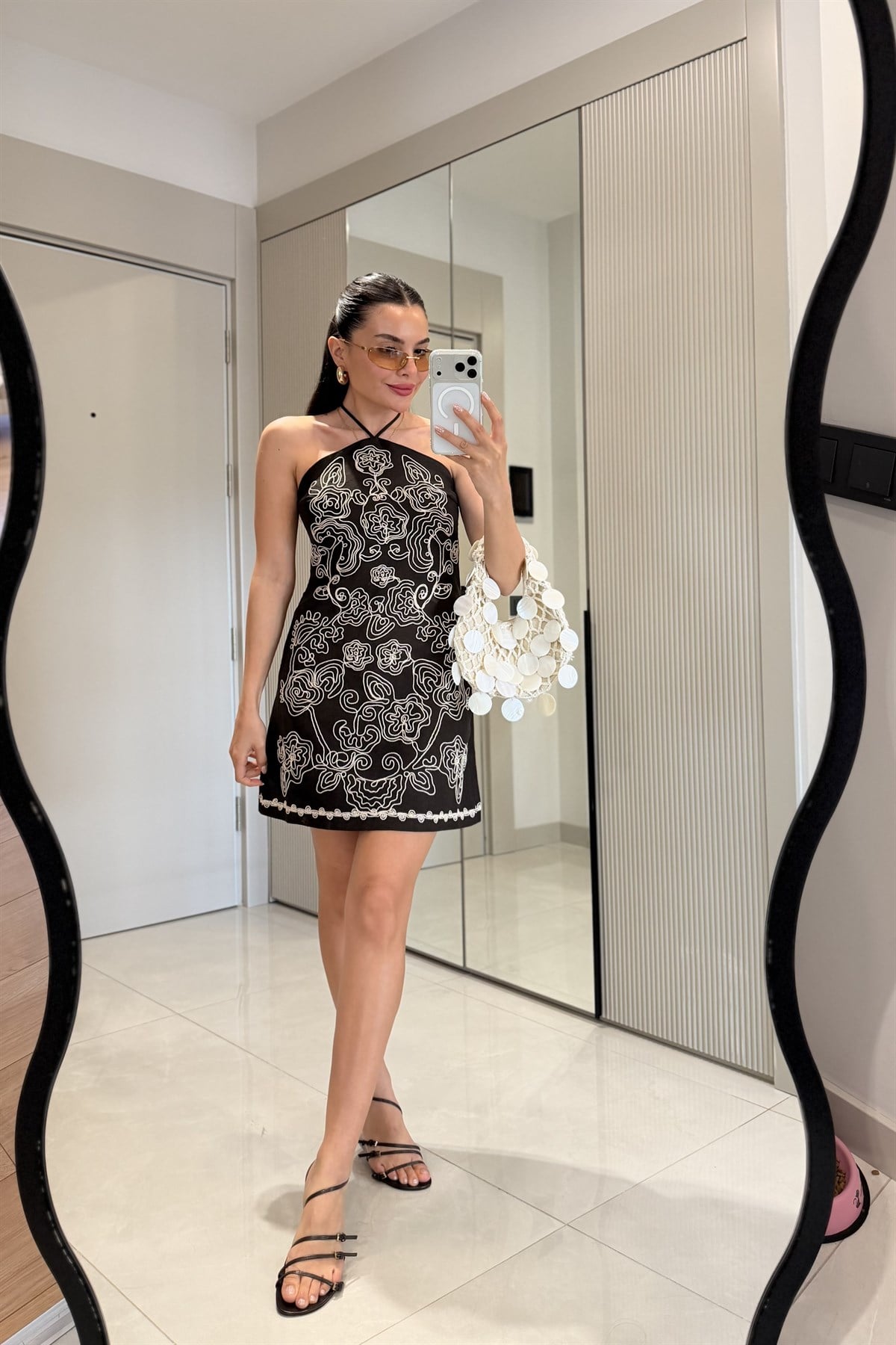Amanda Kahve Nakışlı Premium Elbise