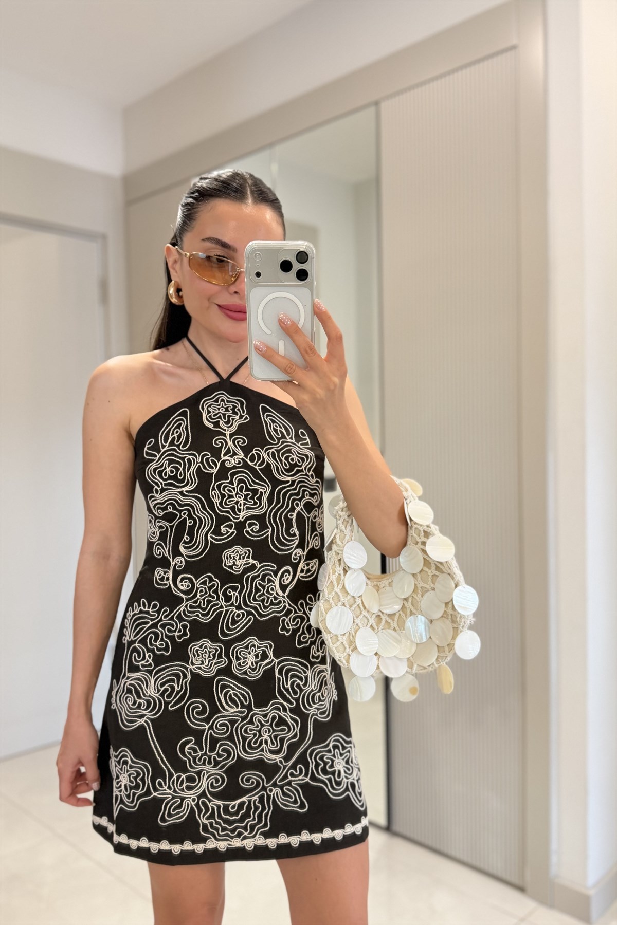 Amanda Kahve Nakışlı Premium Elbise