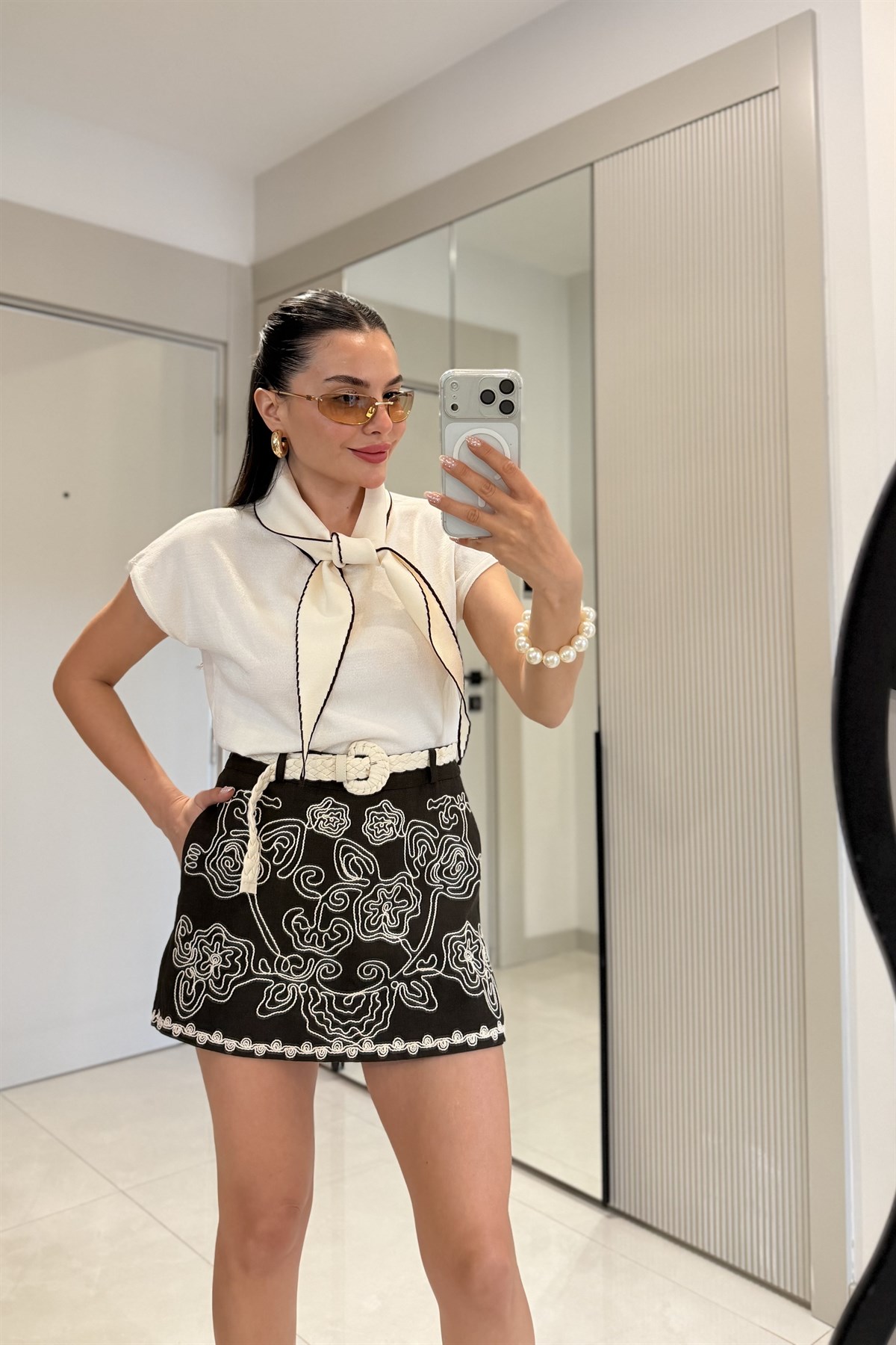 Amanda Kahve Nakışlı Premium Şort Etek