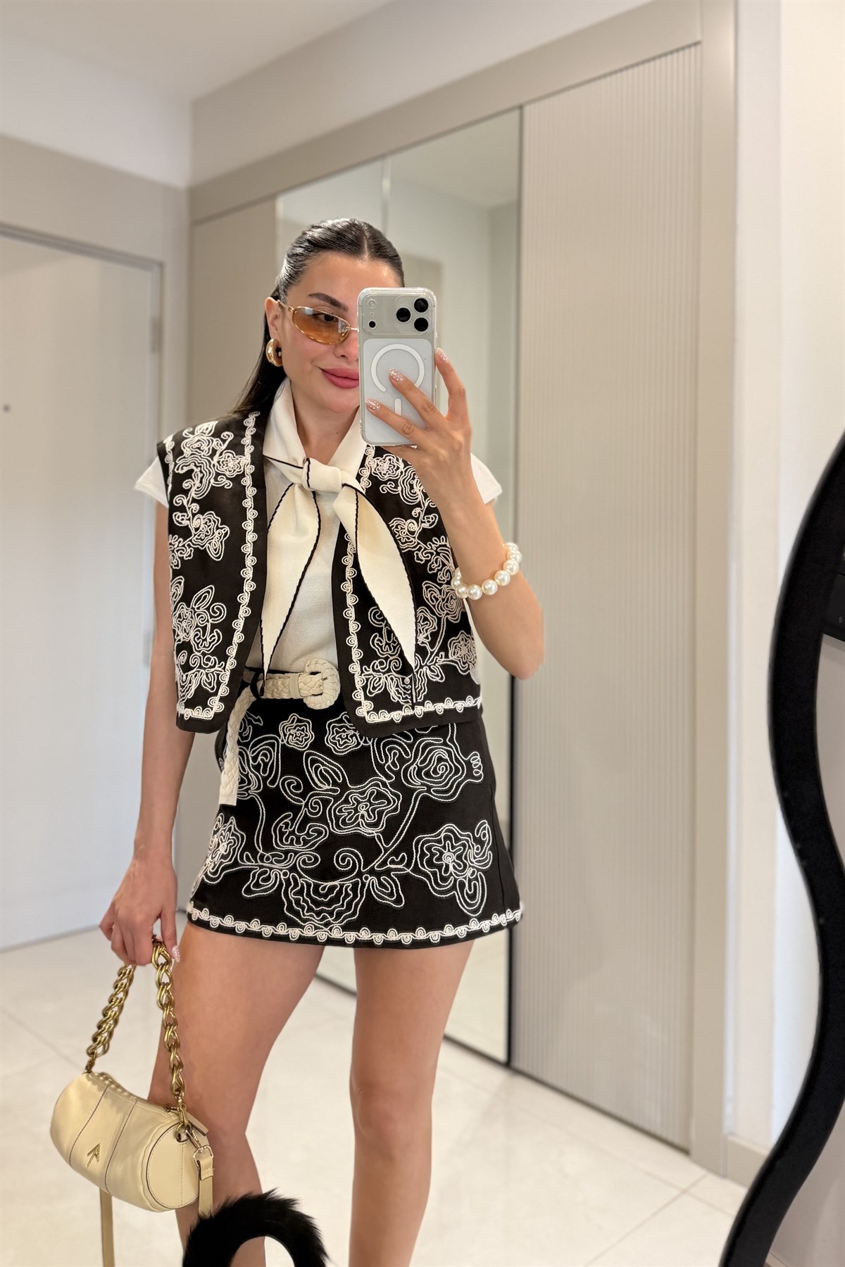 Amanda Kahve Nakışlı Premium Şort Etek