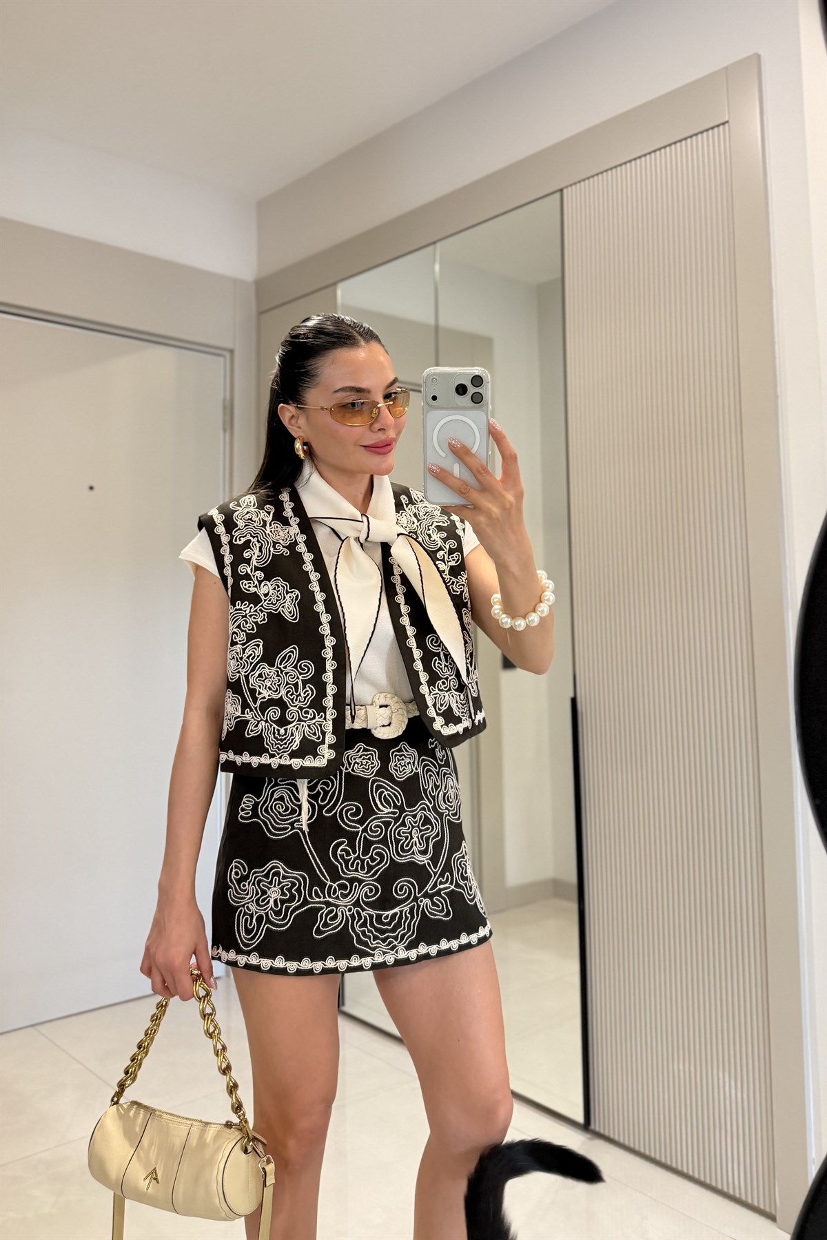 Amanda Kahve Nakışlı Premium Şort Etek