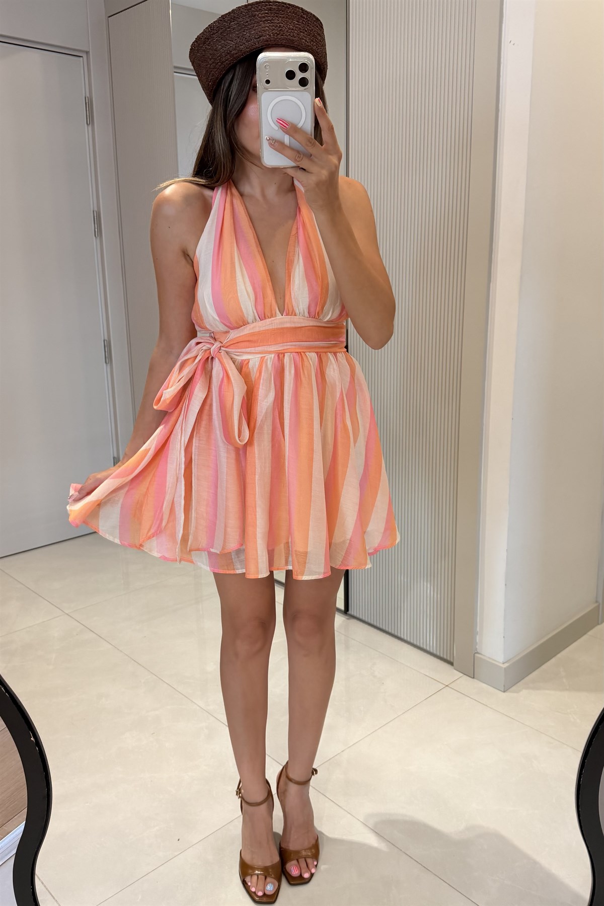 Amazing Turuncu Çizgili Mini Elbise