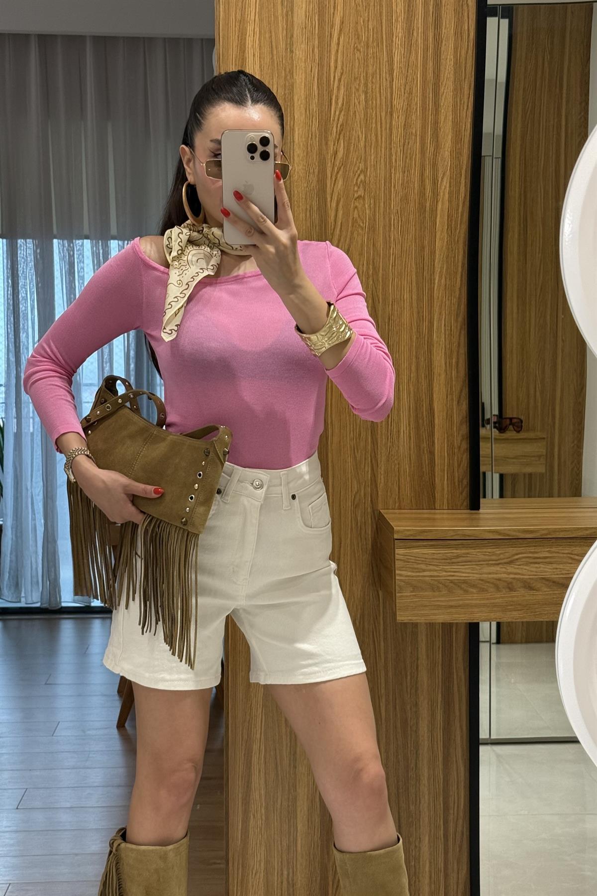 Amelia Pembe Düşük Omuz Transparan Body