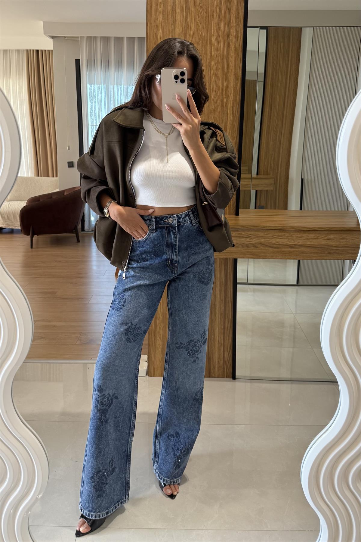 Amelie Midblue Wide Leg Gül Taşlı Tasarım Jean