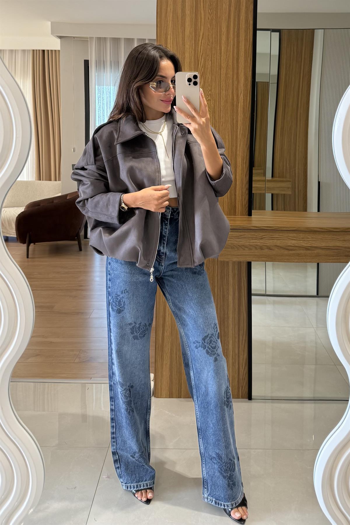 Amelie Midblue Wide Leg Gül Taşlı Tasarım Jean