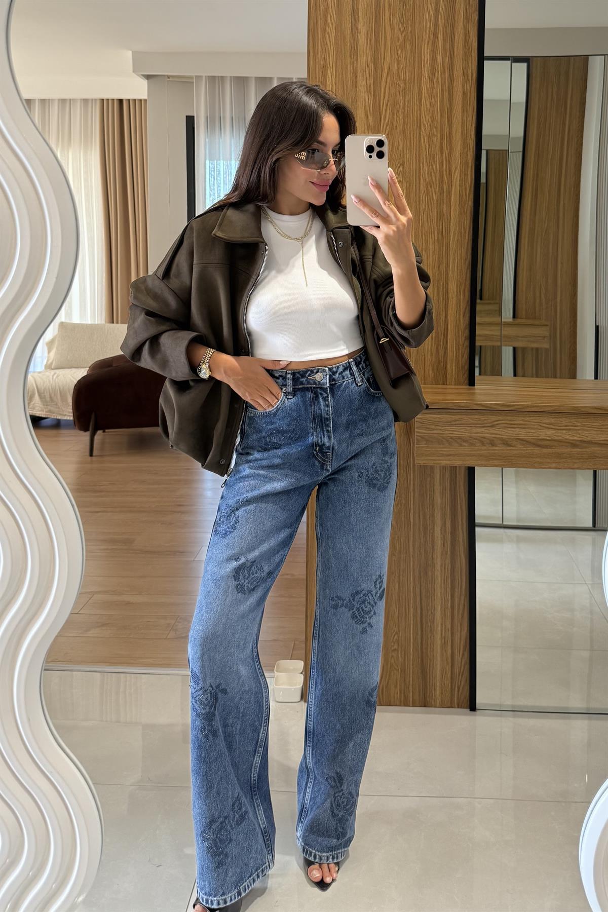 Amelie Midblue Wide Leg Gül Taşlı Tasarım Jean