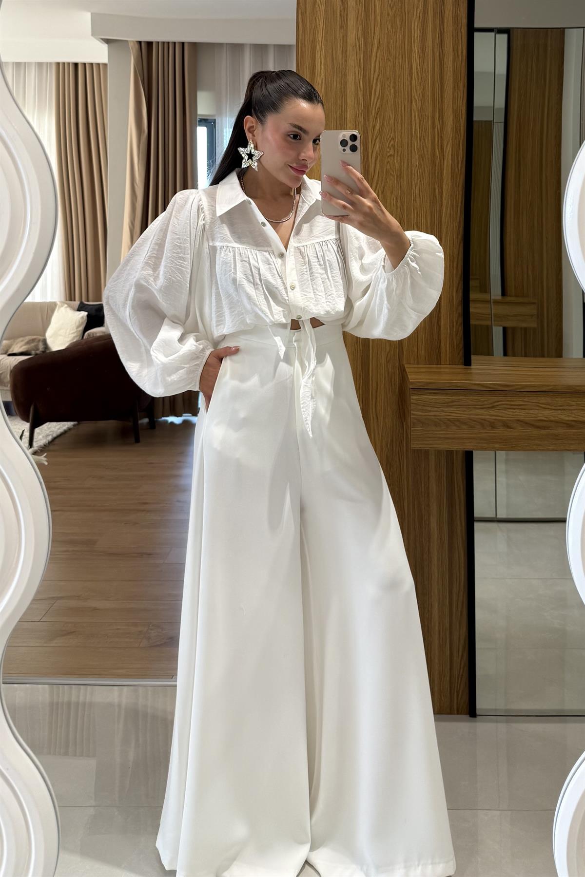 Amely Beyaz Geniş Paça Pantolon