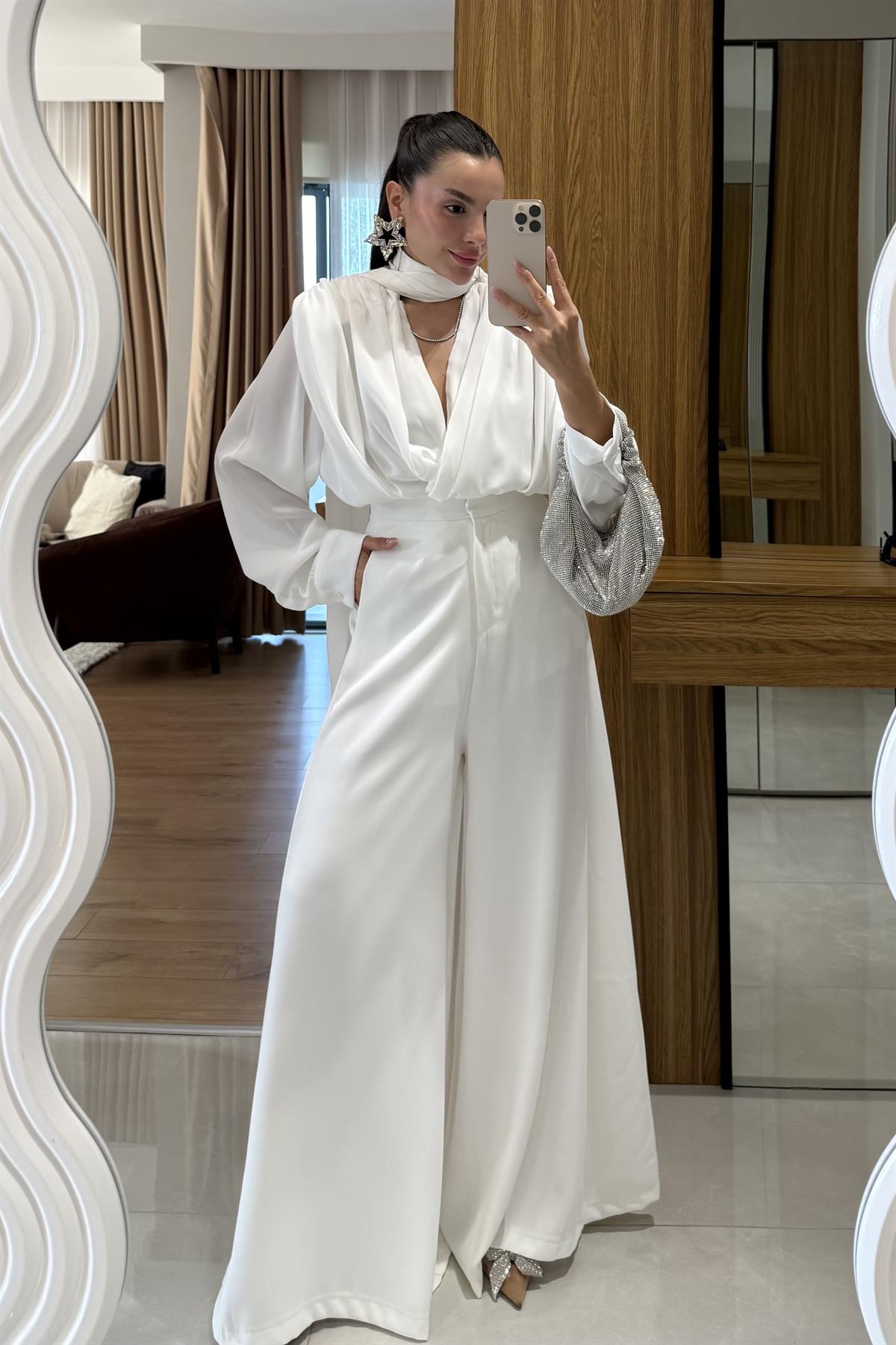 Amely Beyaz Geniş Paça Pantolon