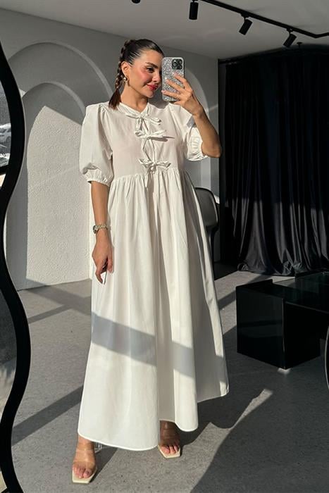 Amina Kurdele Detaylı Elbise-Beyaz