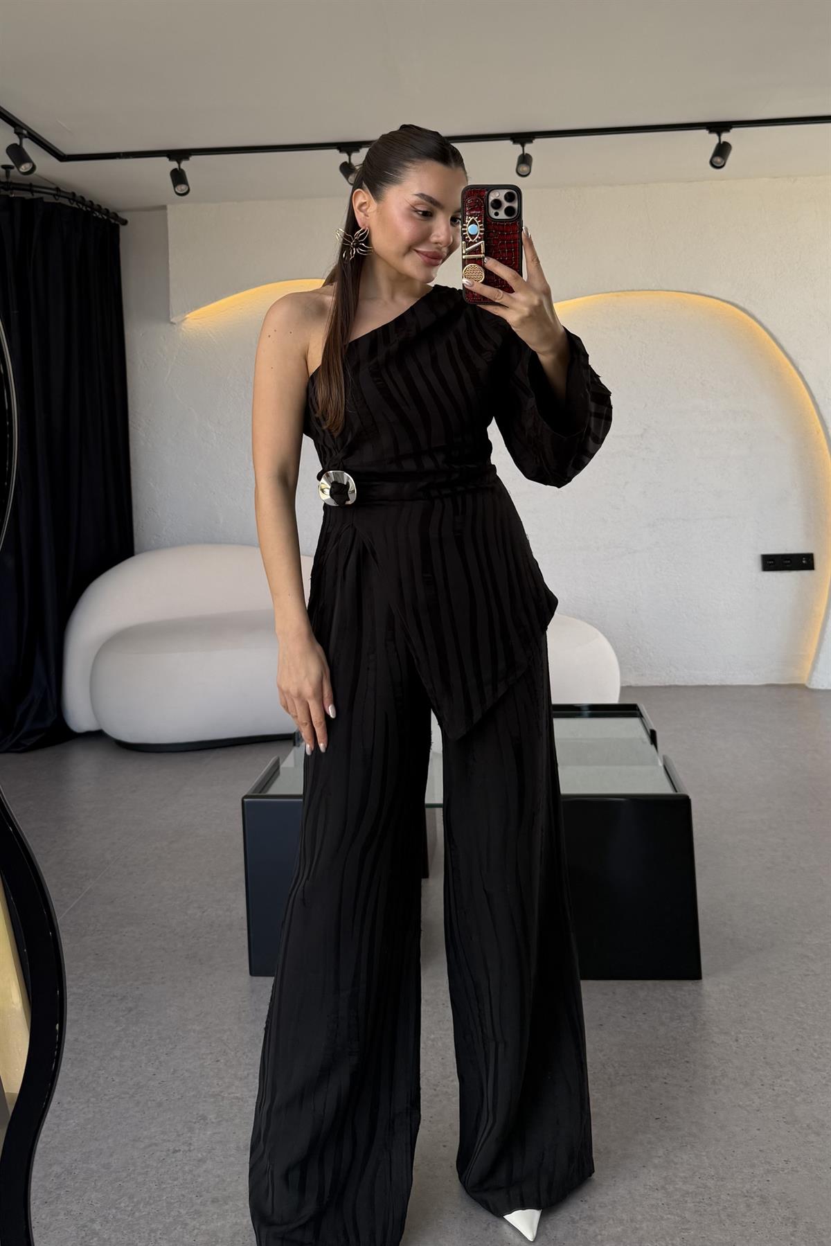 Amora Siyah Saten Çizgili Pantolon 