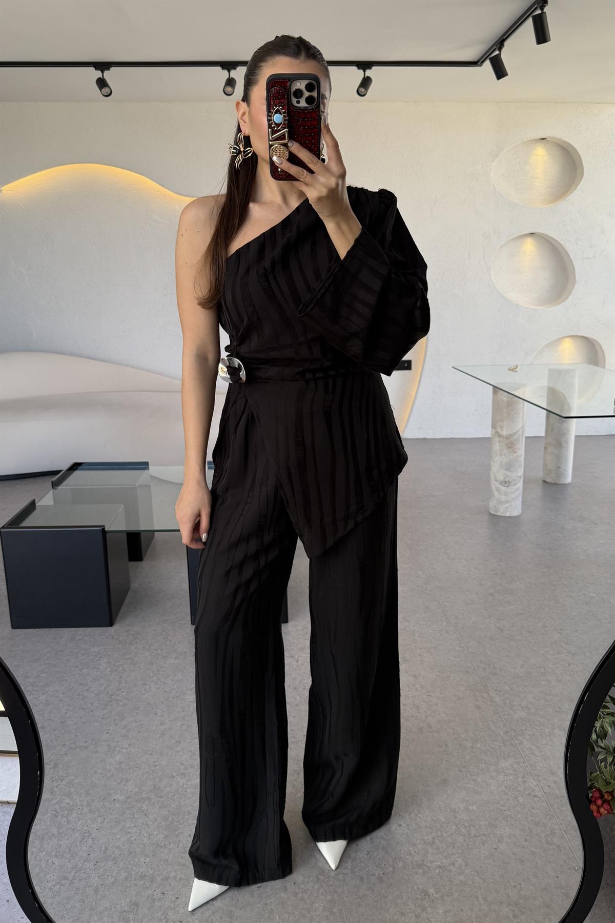 Amora Siyah Saten Çizgili Pantolon 