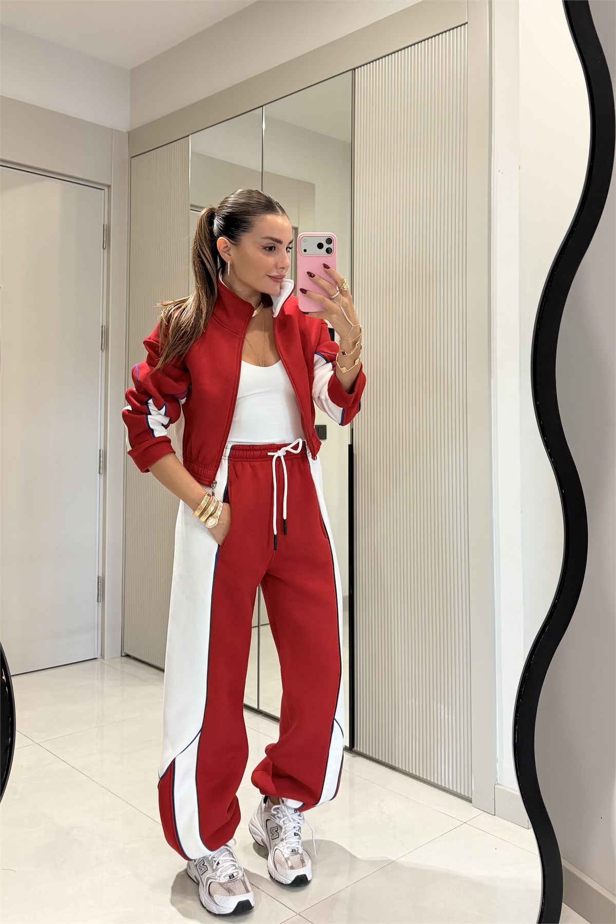 Anabelle Kırmızı Kontrast Şerit Detaylı Üç İplik Eşofman Takımı
