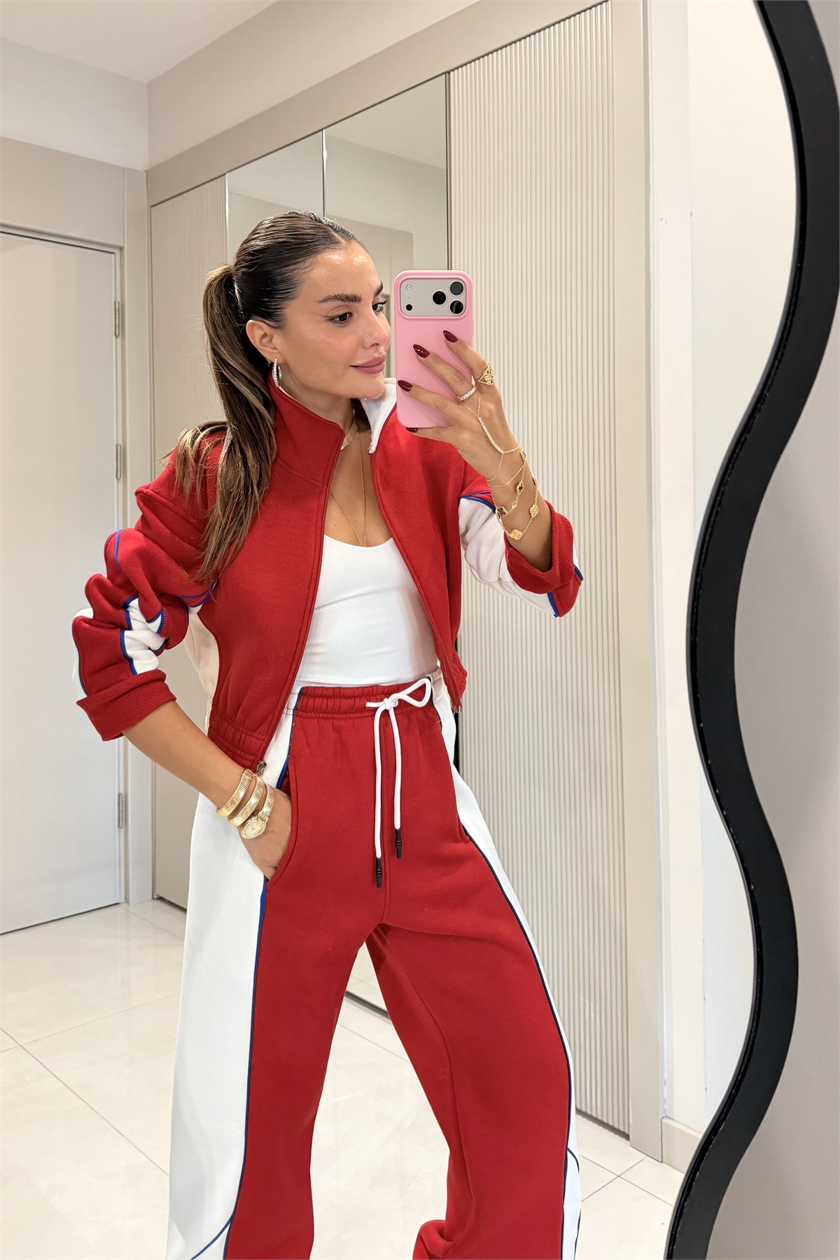 Anabelle Kırmızı Kontrast Şerit Detaylı Üç İplik Eşofman Takımı