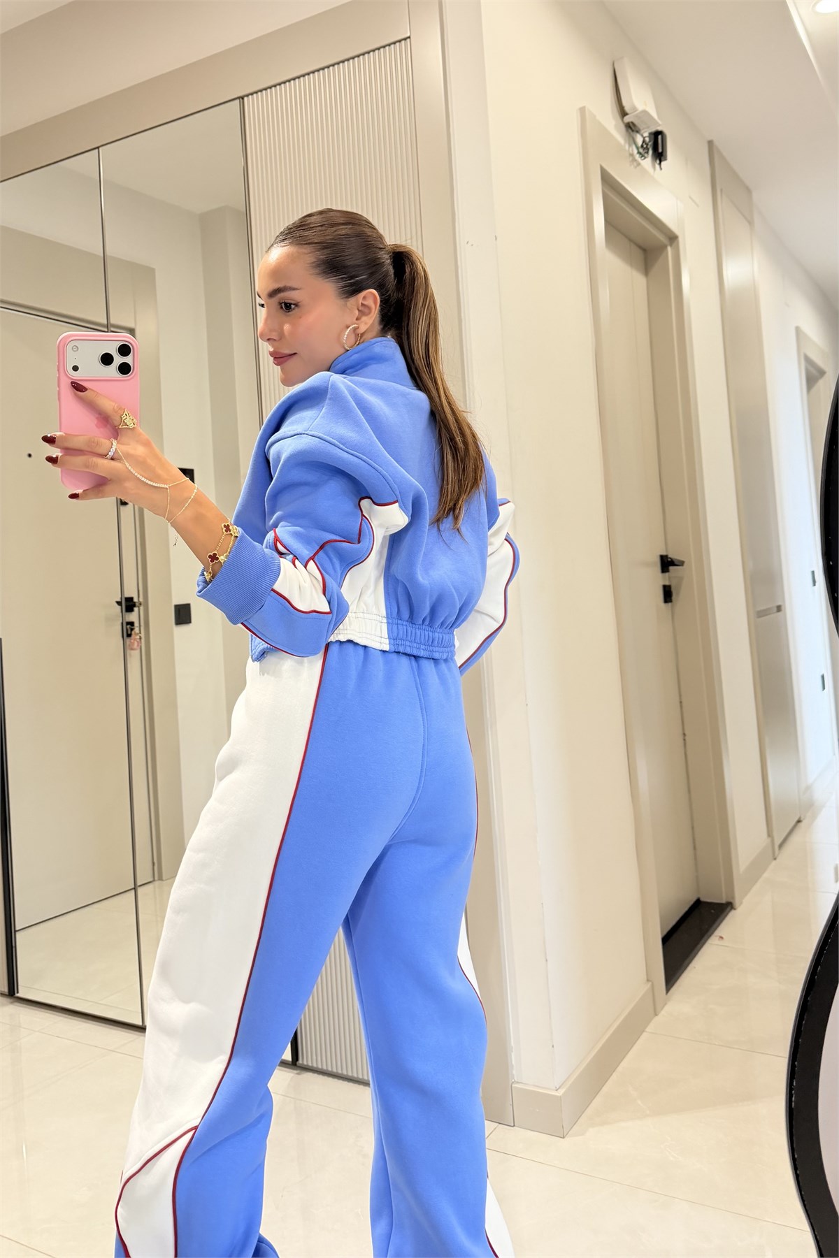 Anabelle Mavi Kontrast Şerit Detaylı Üç İplik Eşofman Takımı