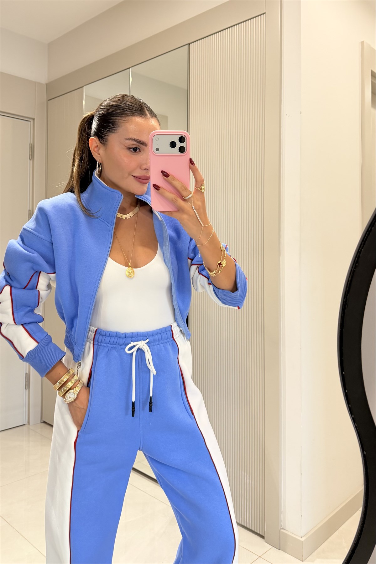 Anabelle Mavi Kontrast Şerit Detaylı Üç İplik Eşofman Takımı
