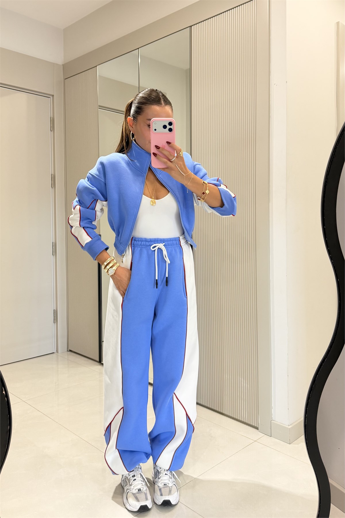 Anabelle Mavi Kontrast Şerit Detaylı Üç İplik Eşofman Takımı