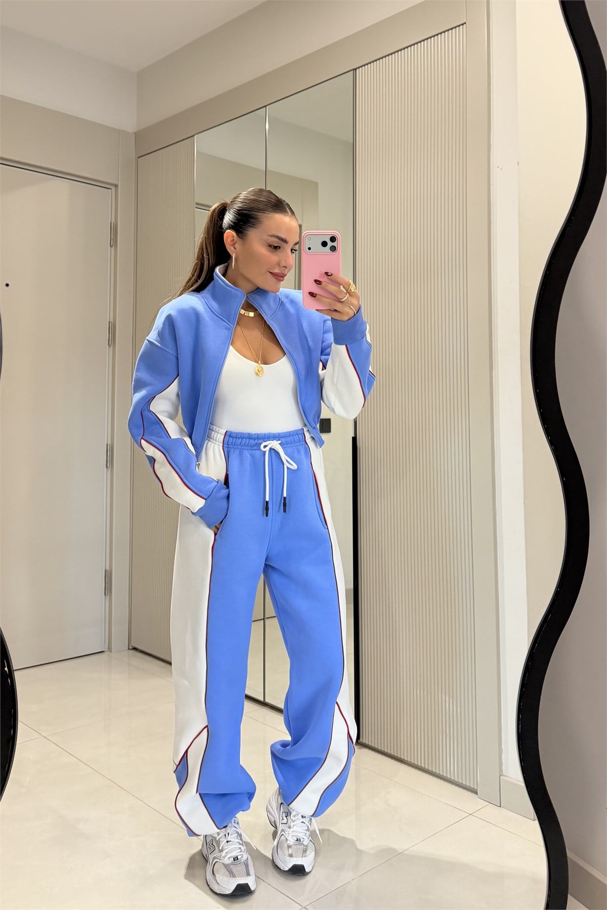 Anabelle Mavi Kontrast Şerit Detaylı Üç İplik Eşofman Takımı