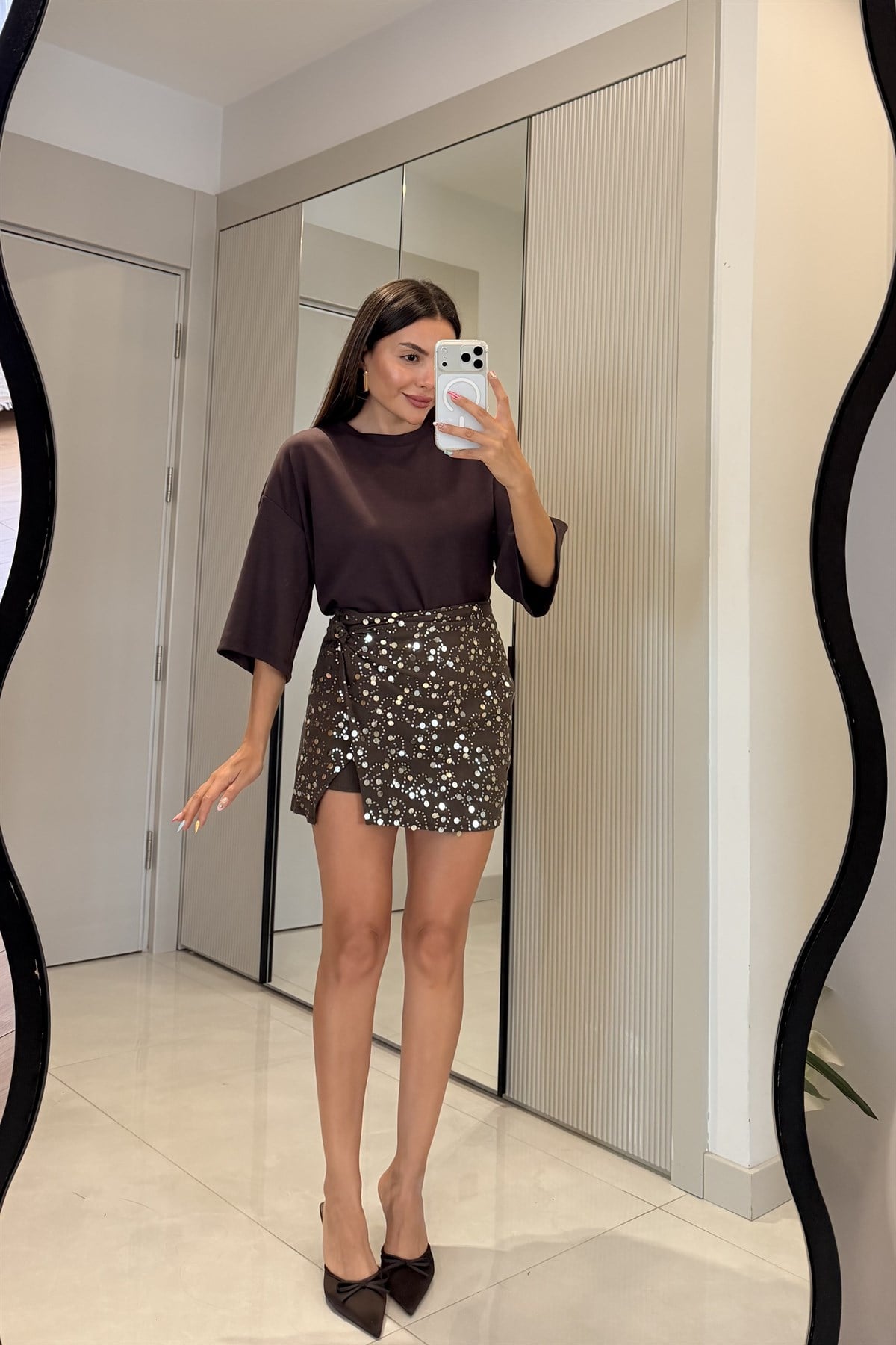 Anastasia Kahve Payetli Şort Etek