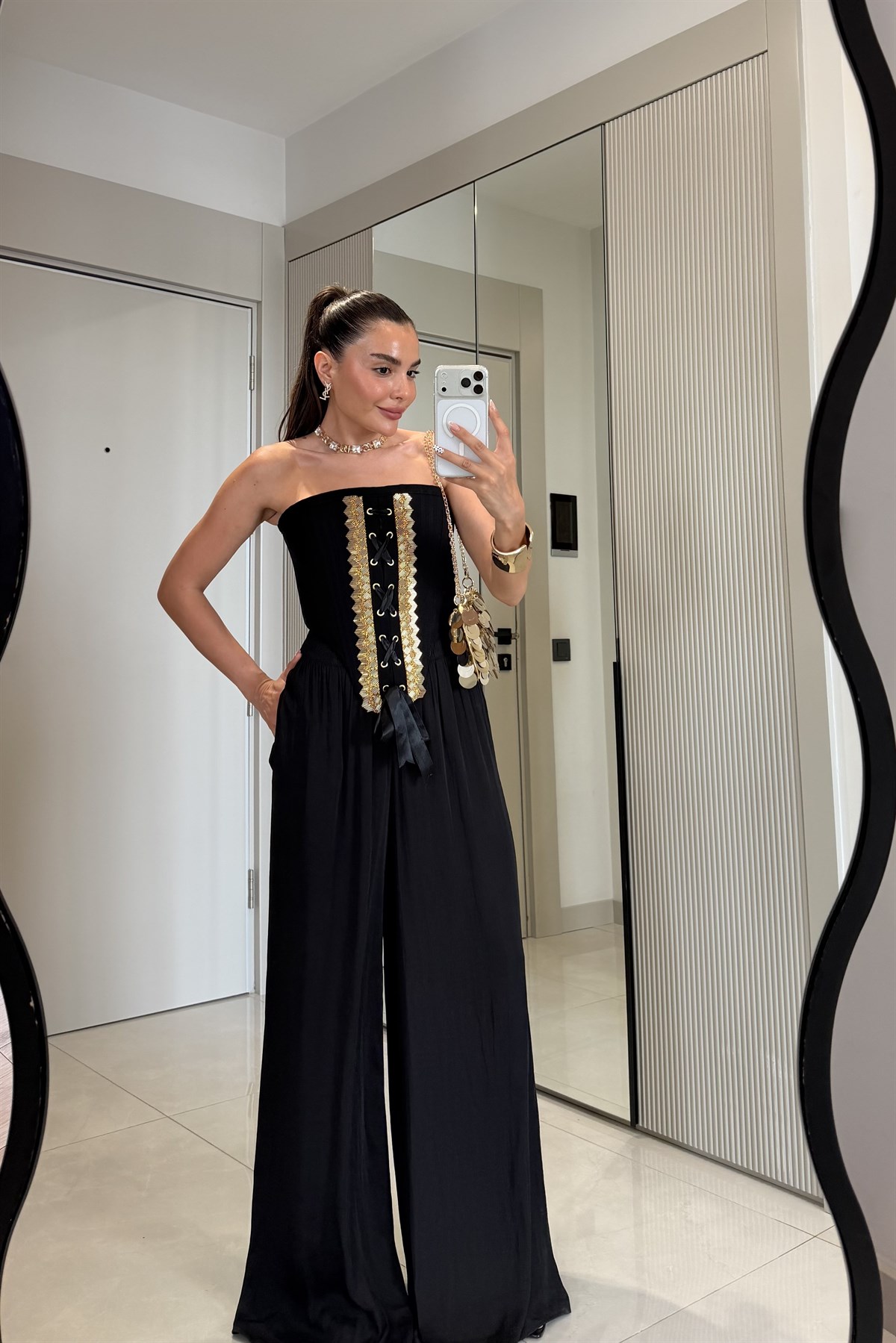 Anastasya Siyah Gold Taşlı Korse Büstiyer