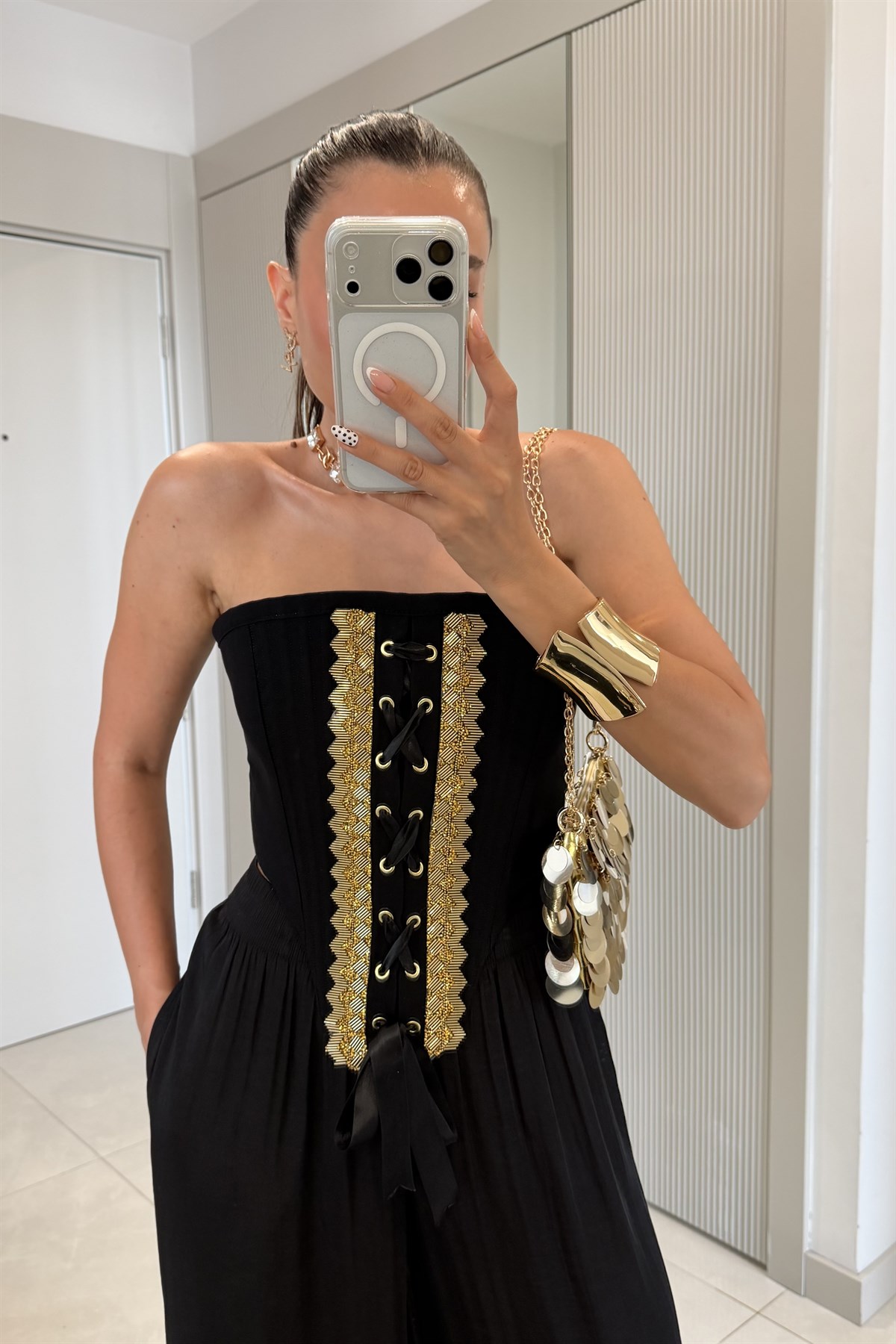 Anastasya Siyah Gold Taşlı Korse Büstiyer