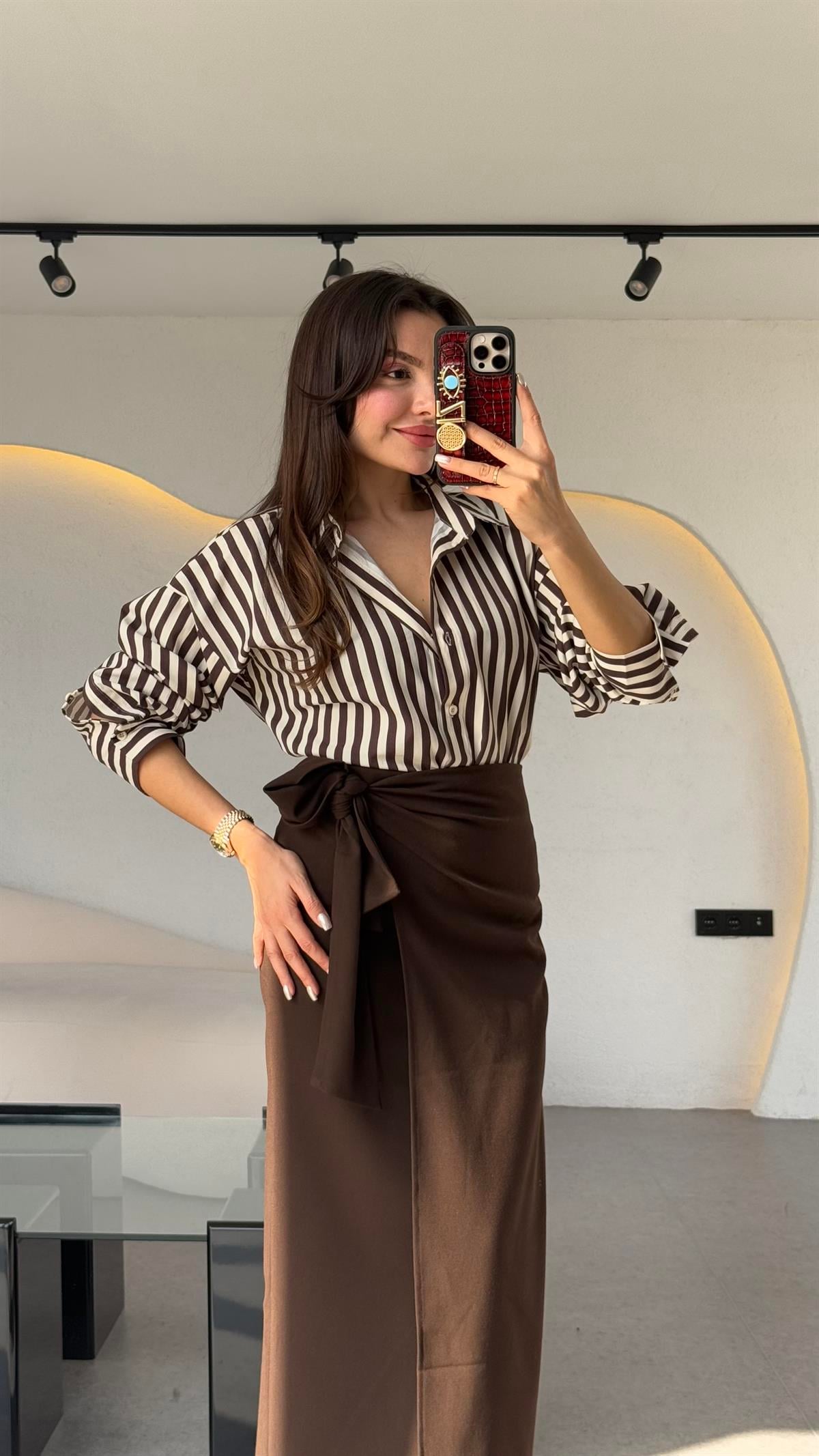 Andrej Kahve Şeritli Gömlek