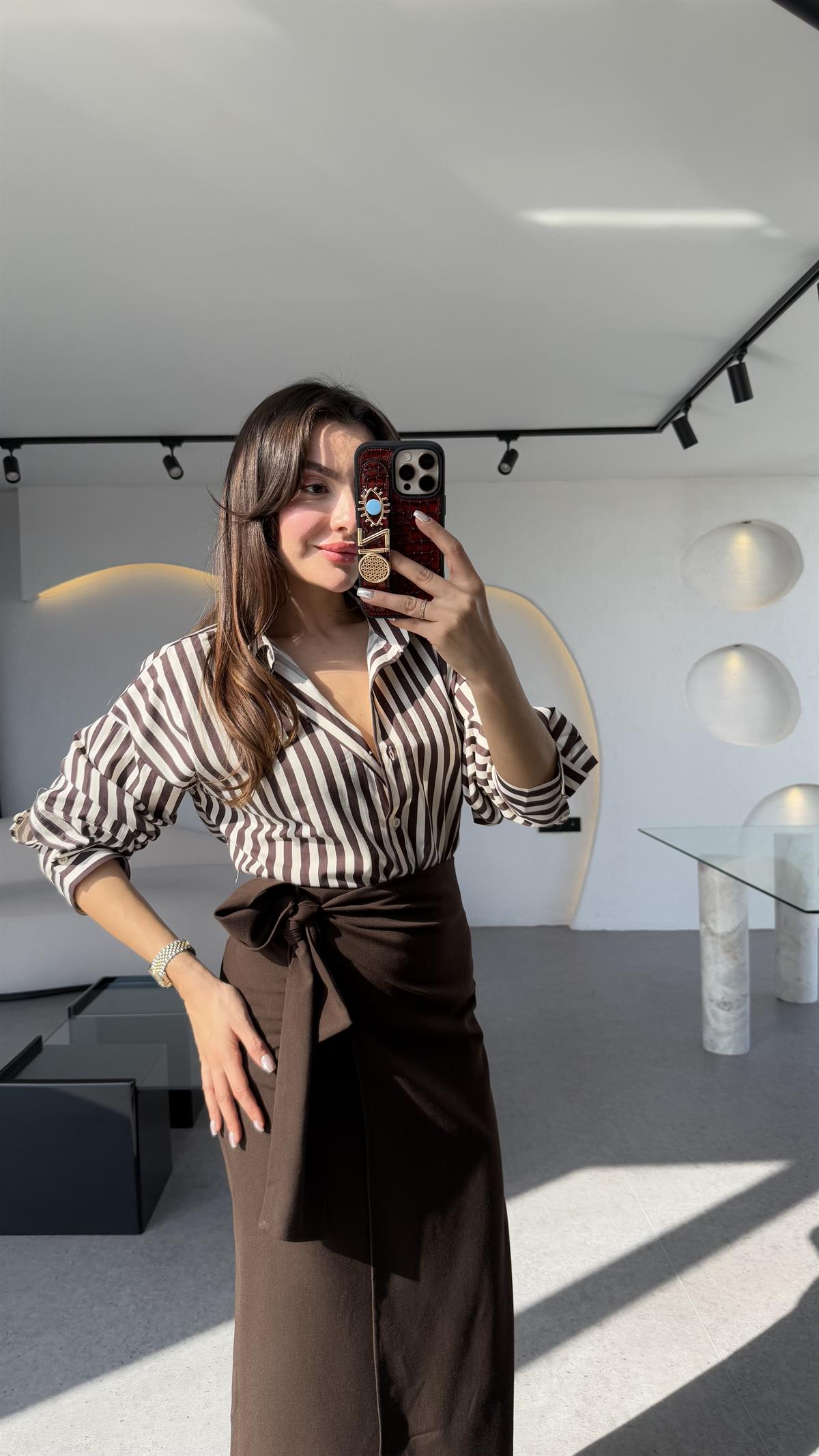 Andrej Kahve Şeritli Gömlek