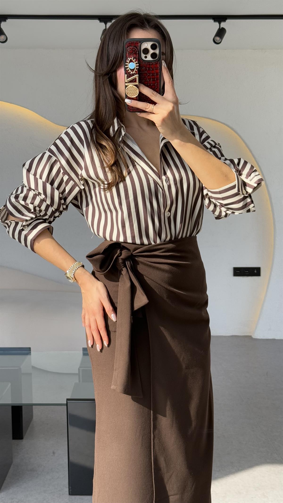 Andrej Kahve Şeritli Gömlek