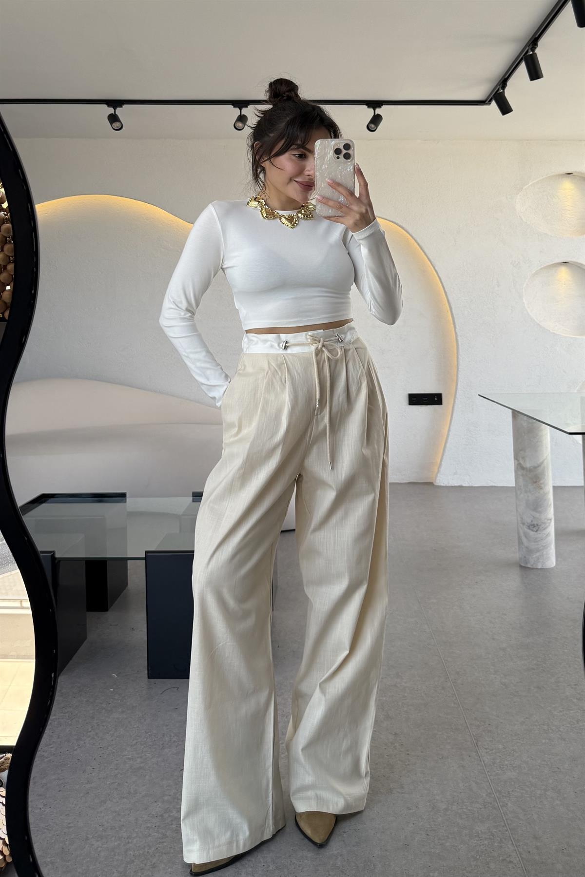 Aneta Bel Detaylı Keten Bej Pantolon