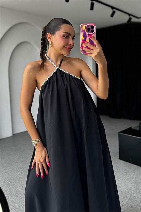 Anevay İnci Askılı Poplin Elbise-Siyah