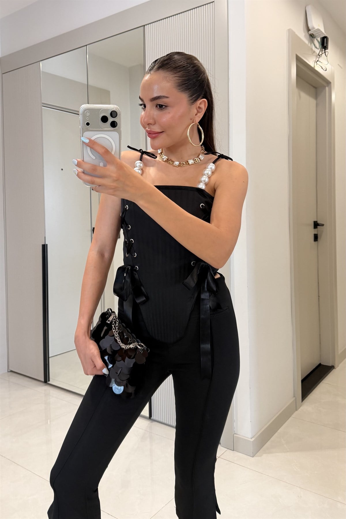 Angelina Siyah İnci Detaylı Tasarım Korse