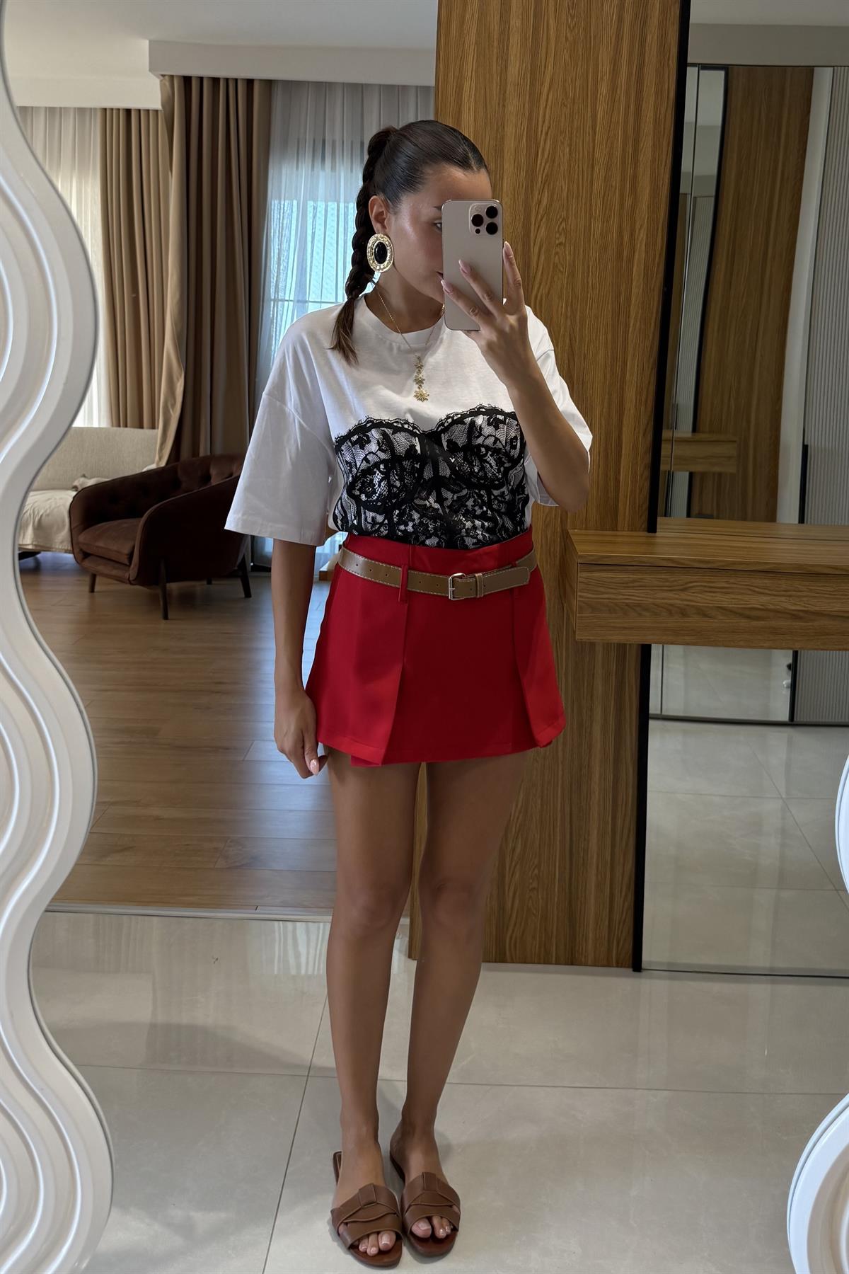 Angelo Kırmızı Kemerli Şort Etek