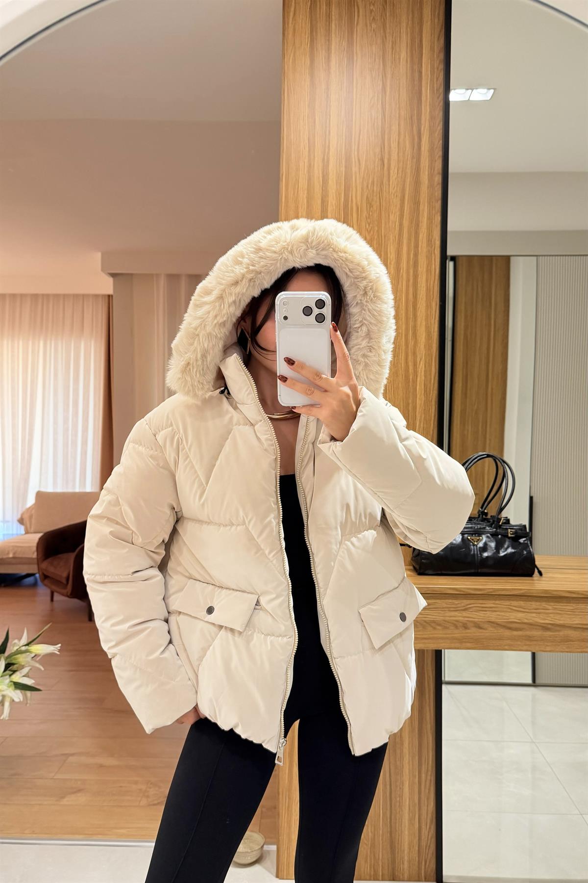 Angely Bej Kapüşonlu  Premium Şişme Mont