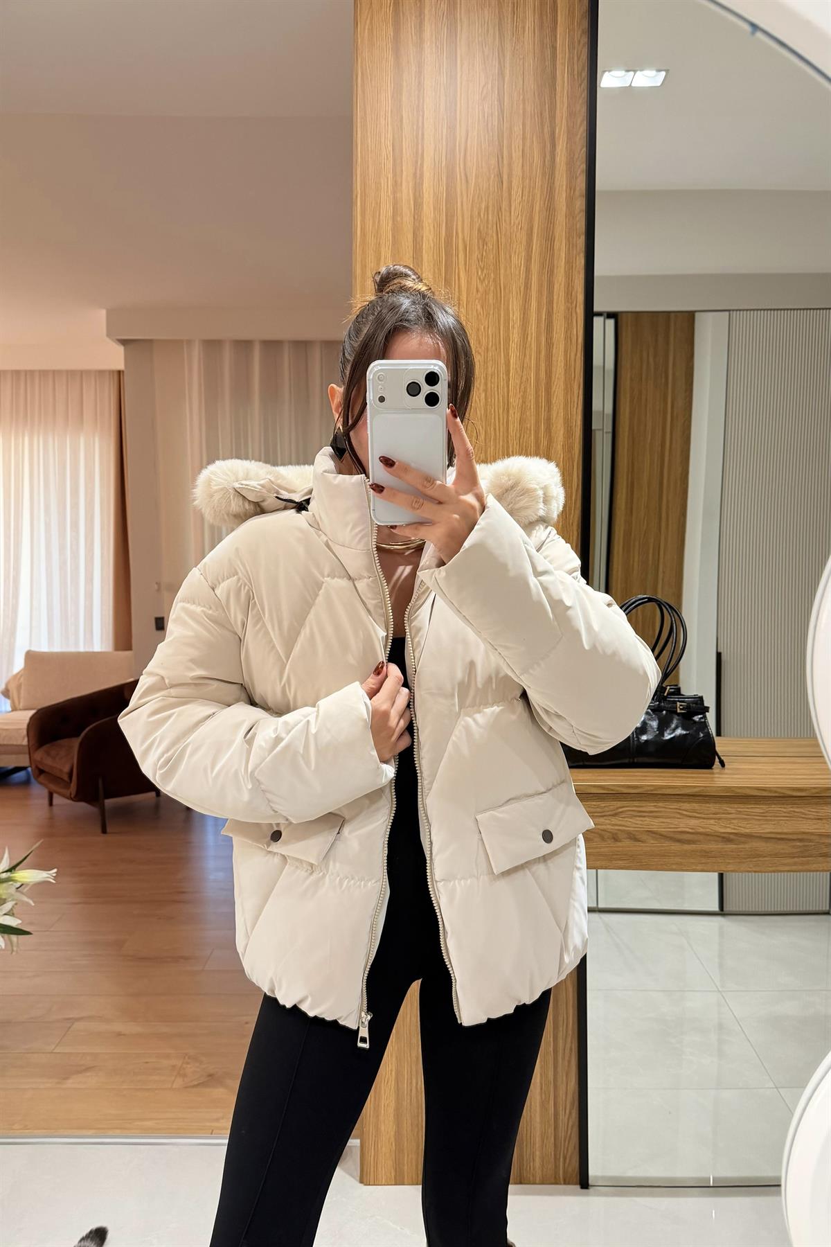 Angely Bej Kapüşonlu  Premium Şişme Mont