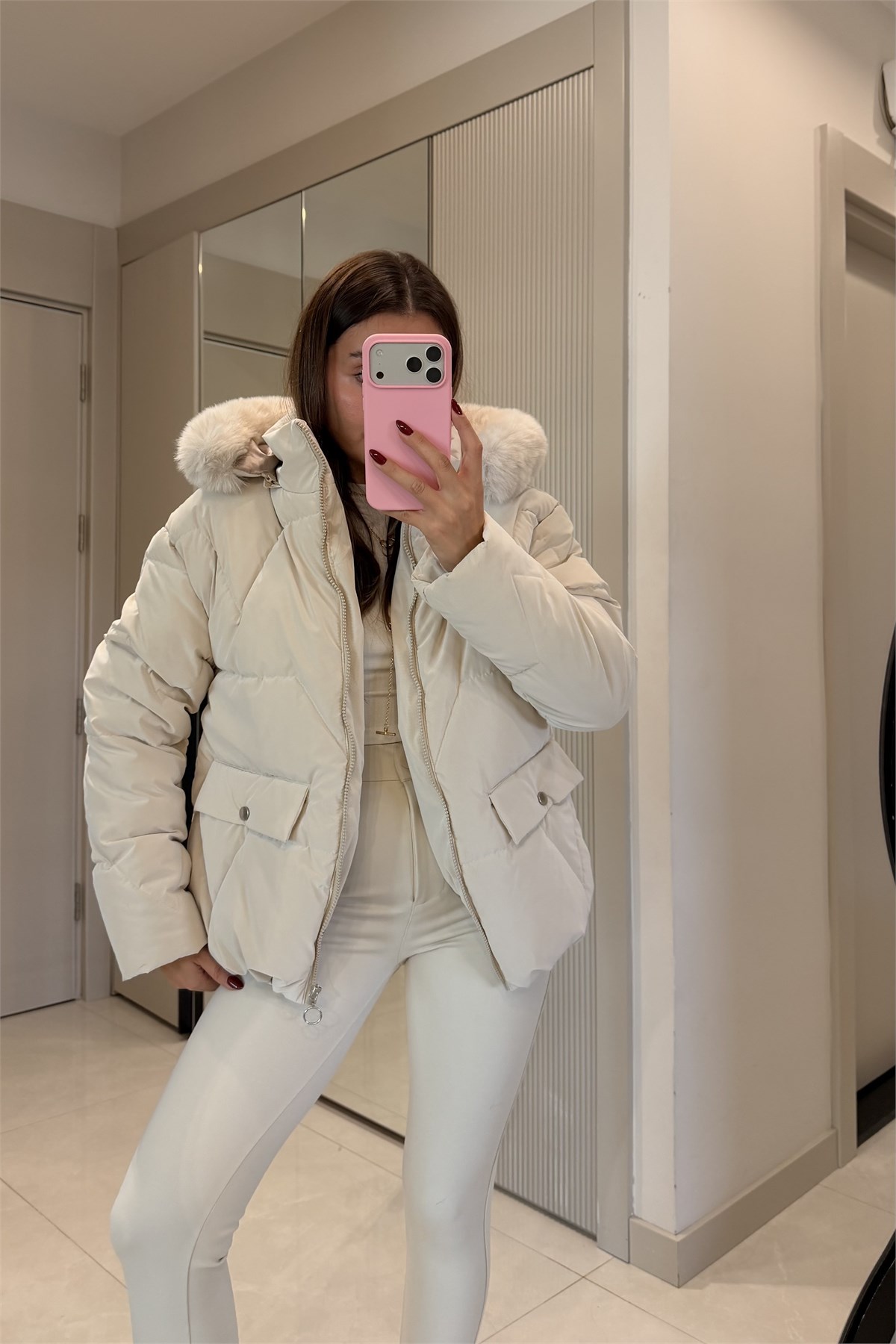 Angely Bej Kapüşonlu  Premium Şişme Mont