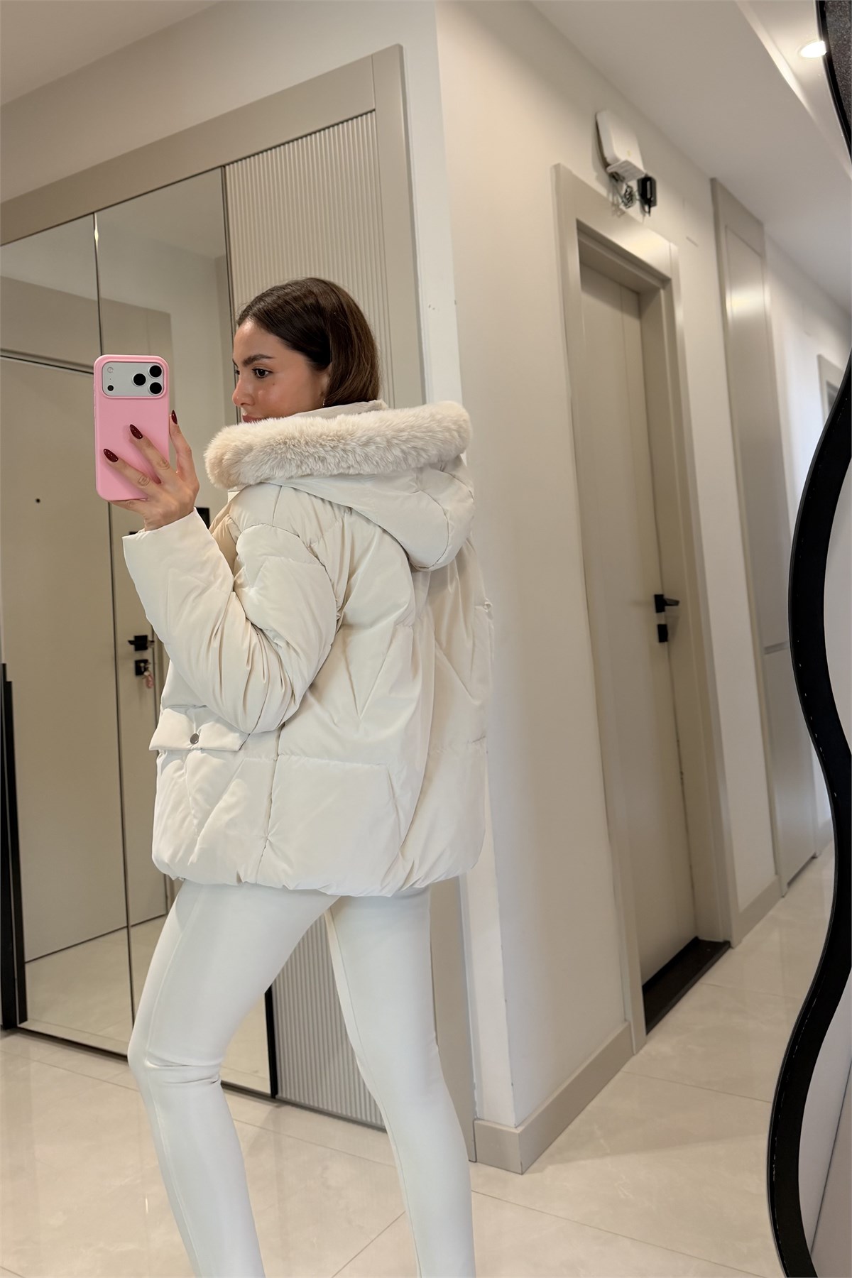Angely Bej Kapüşonlu  Premium Şişme Mont