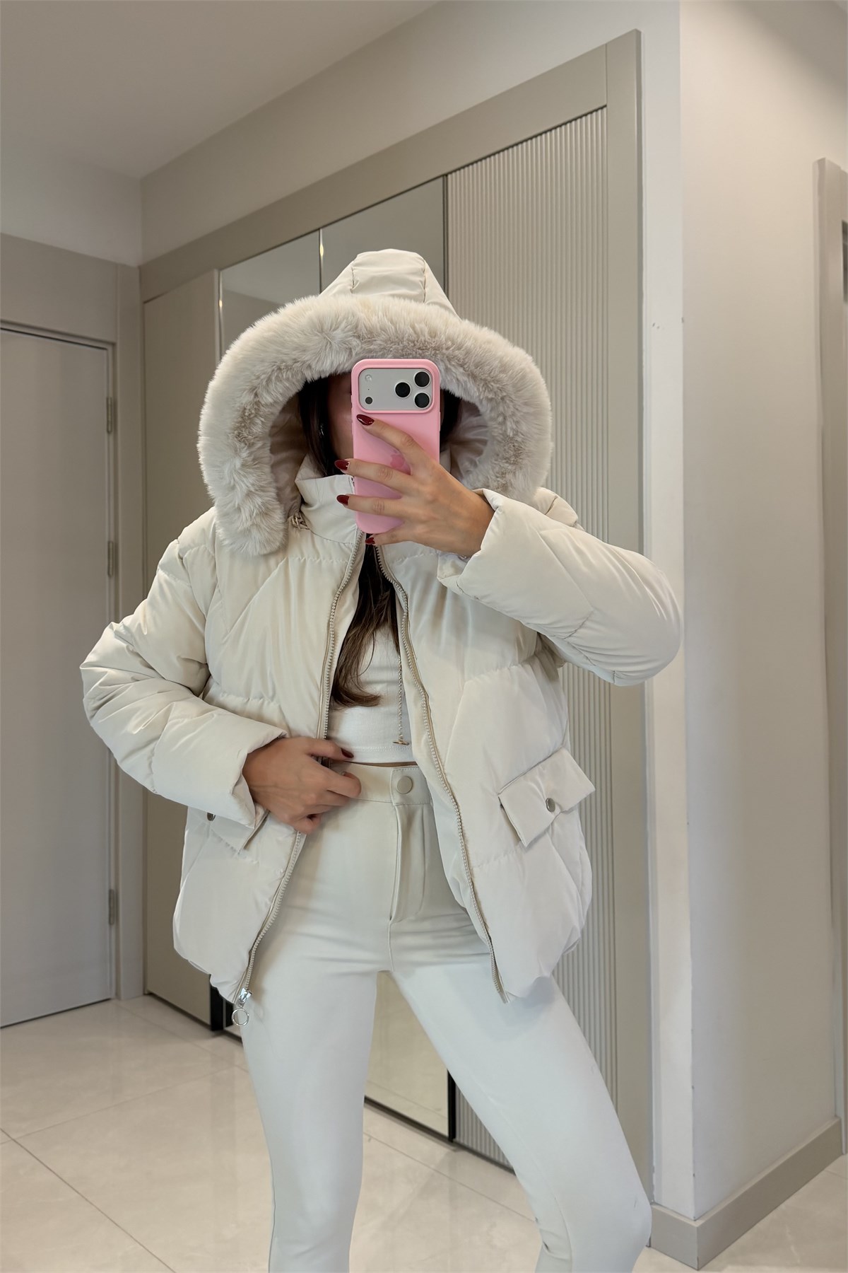 Angely Bej Kapüşonlu  Premium Şişme Mont
