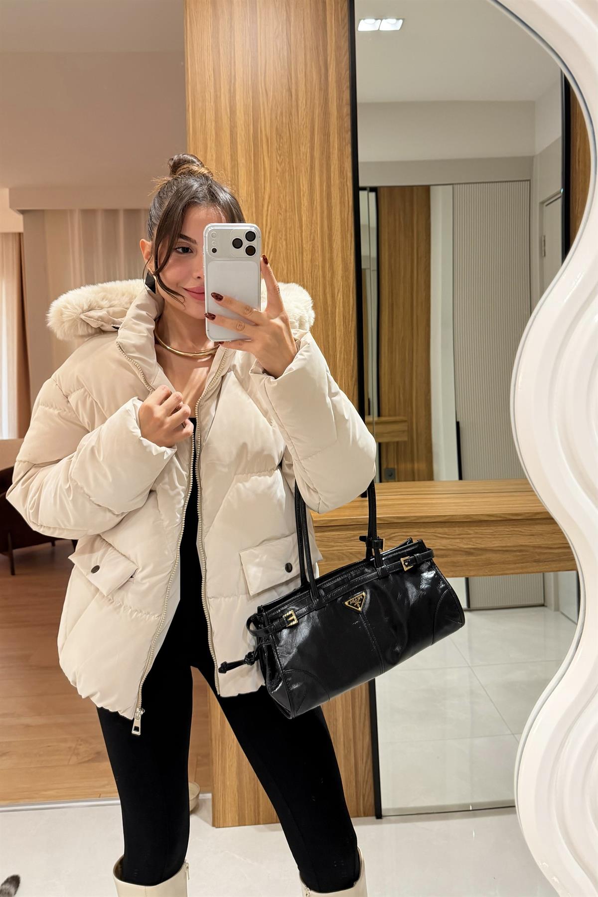Angely Bej Kapüşonlu  Premium Şişme Mont