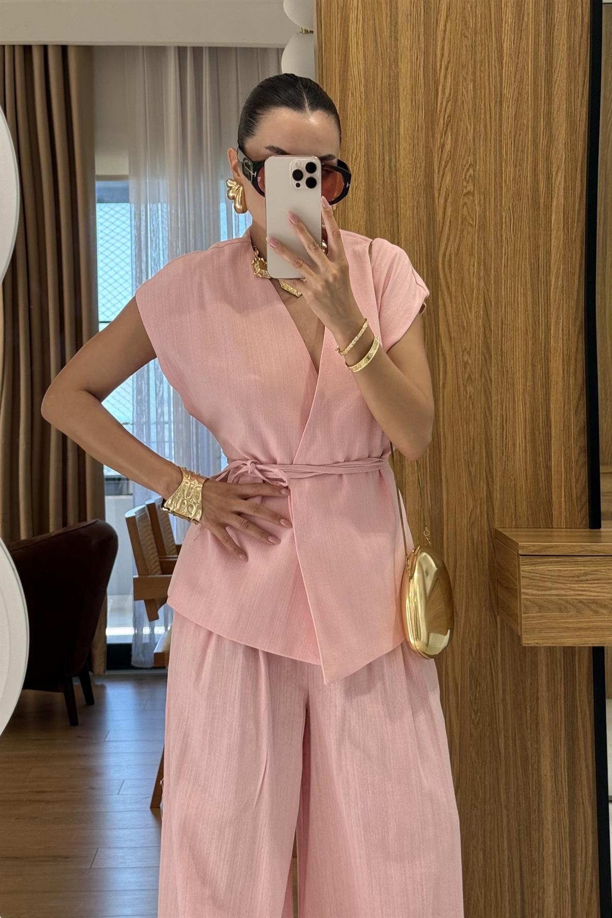 Anselie Pembe Keten Yelek Pantolon Takım 