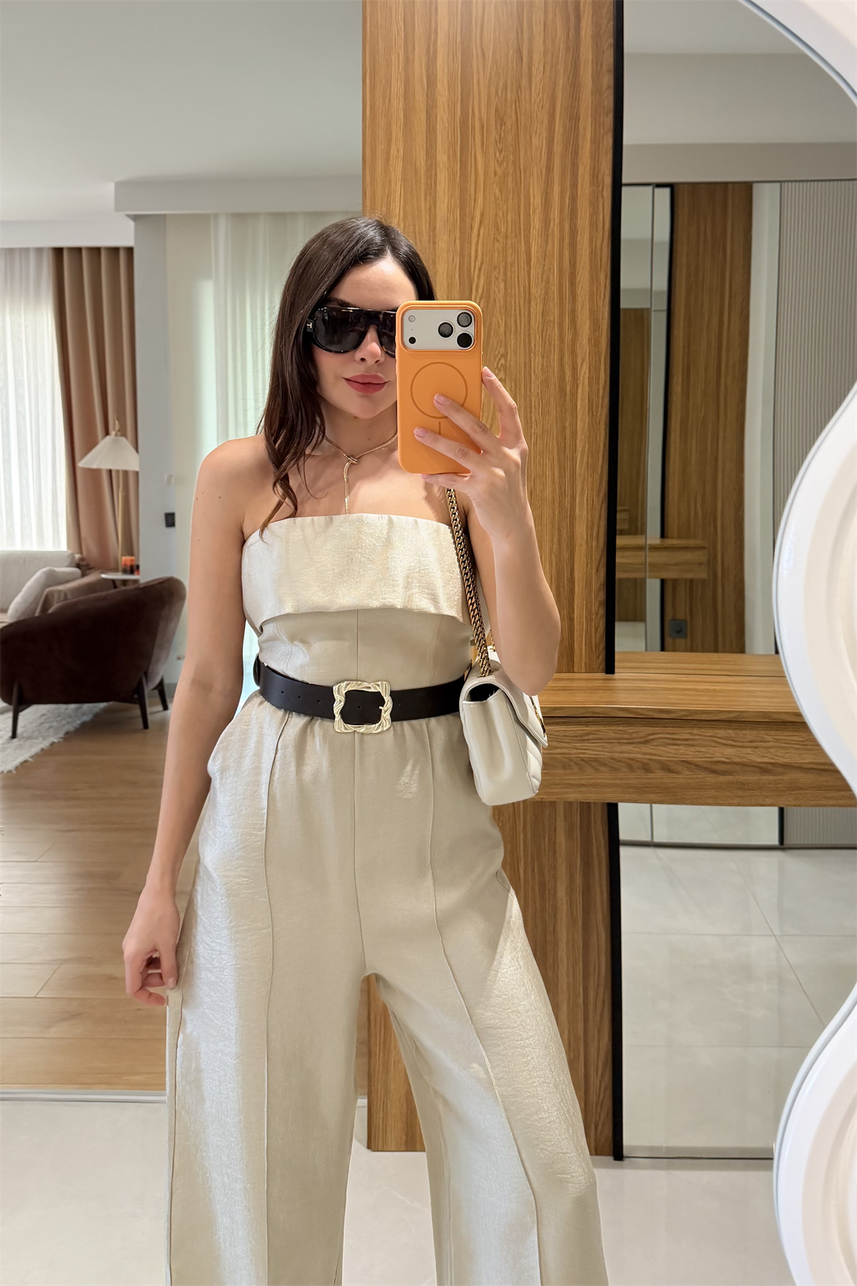 Antelo Bej Kemerli Şık Straplez Tulum