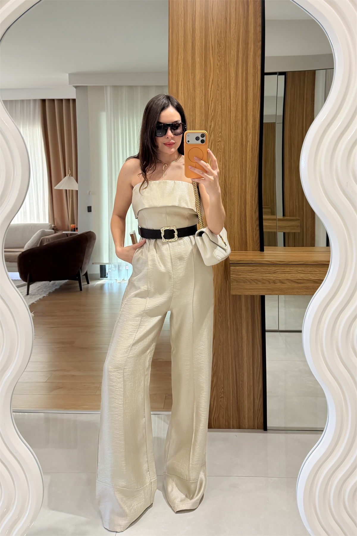 Antelo Bej Kemerli Şık Straplez Tulum