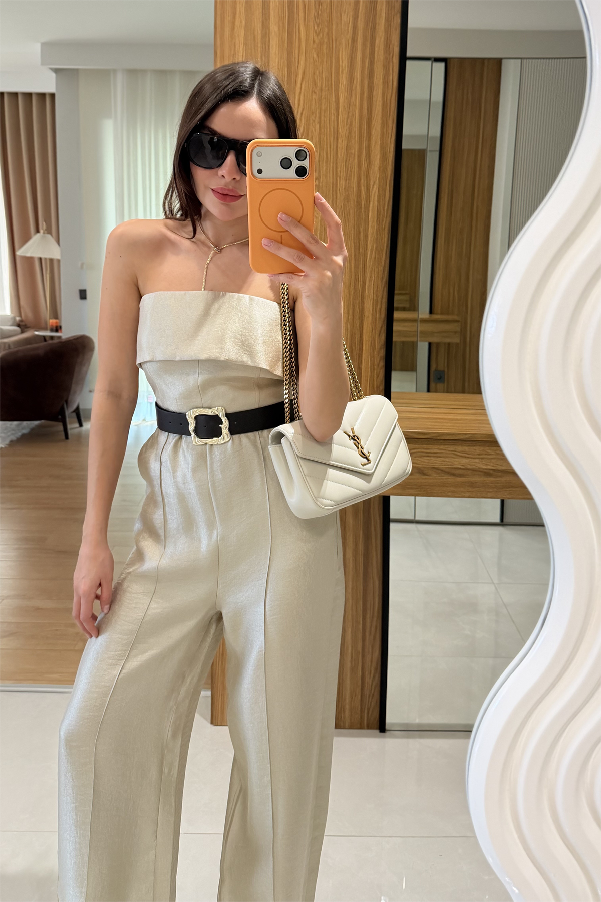 Antelo Bej Kemerli Şık Straplez Tulum