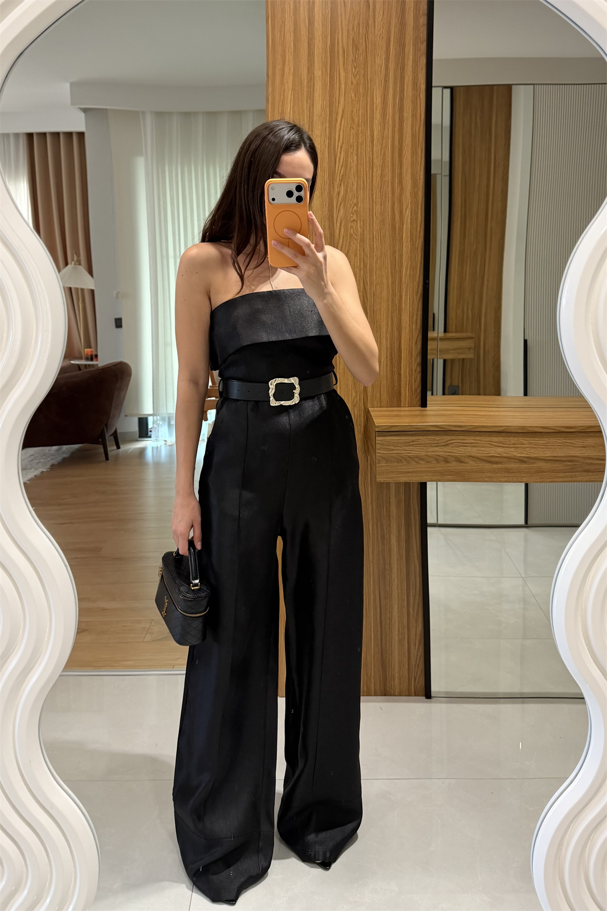 Antelo Siyah Kemerli Şık Straplez Tulum