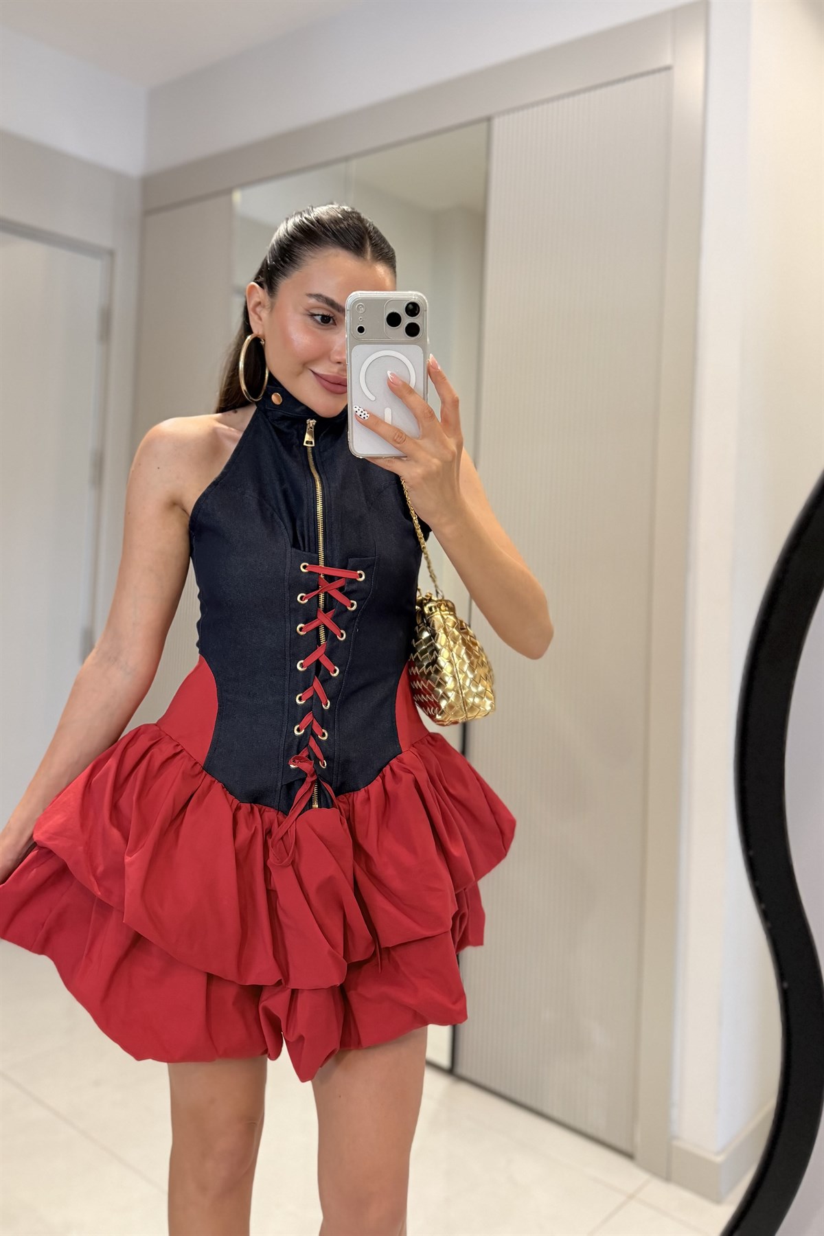 Anthony Kırmızı Denim Korse Elbise
