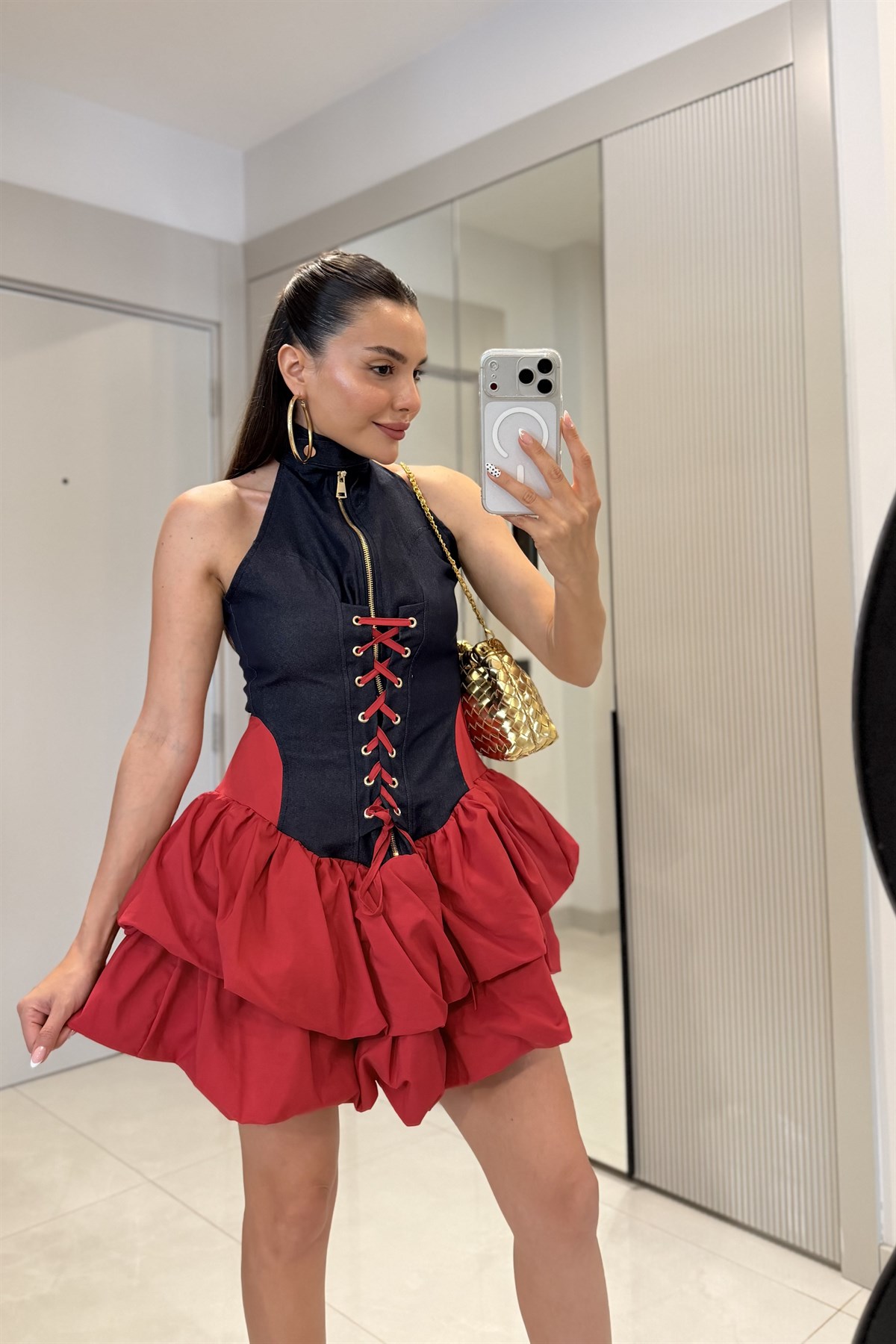 Anthony Kırmızı Denim Korse Elbise