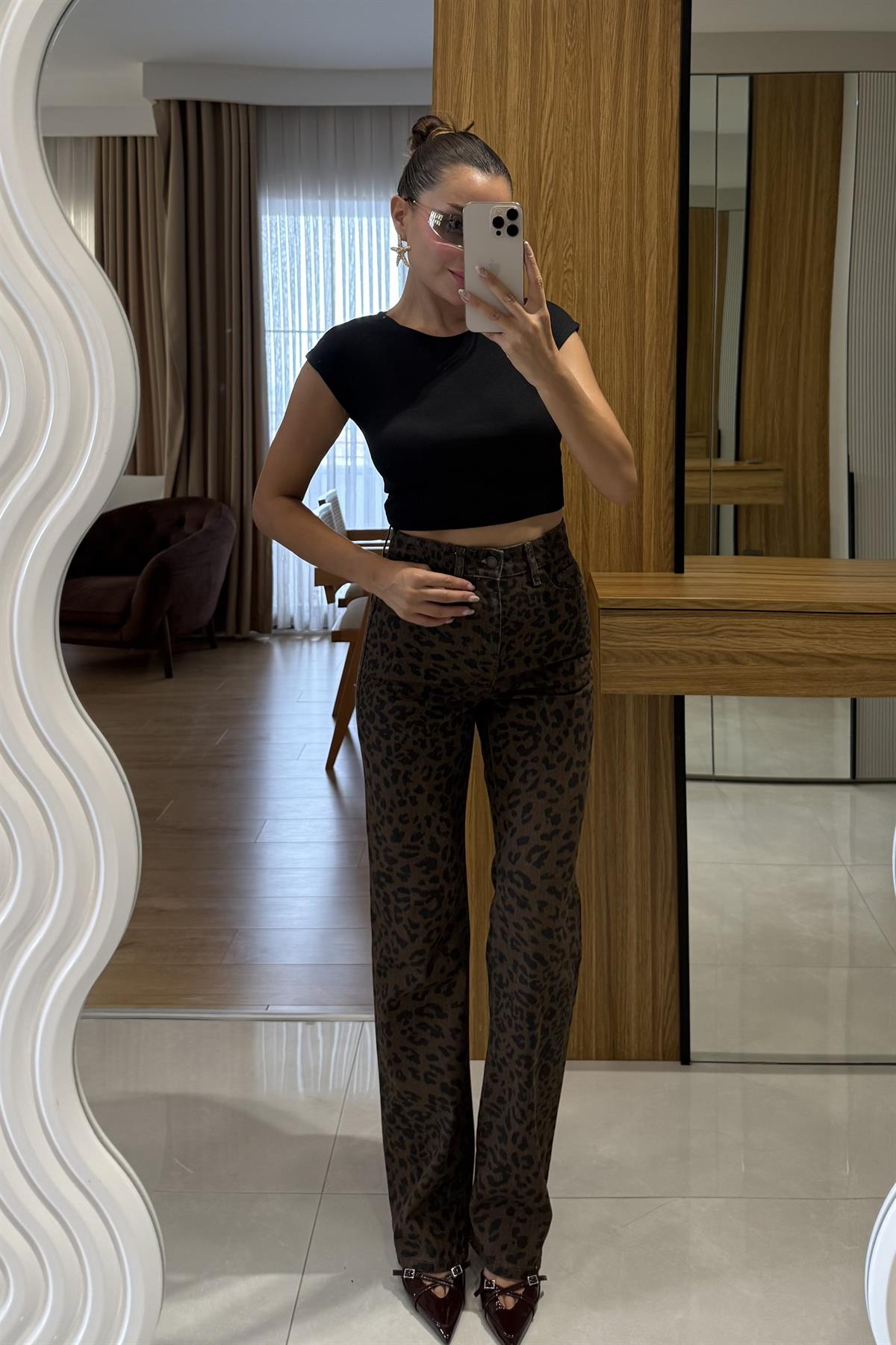 Anvers Leopar Desenli Yüksek Bel Jean
