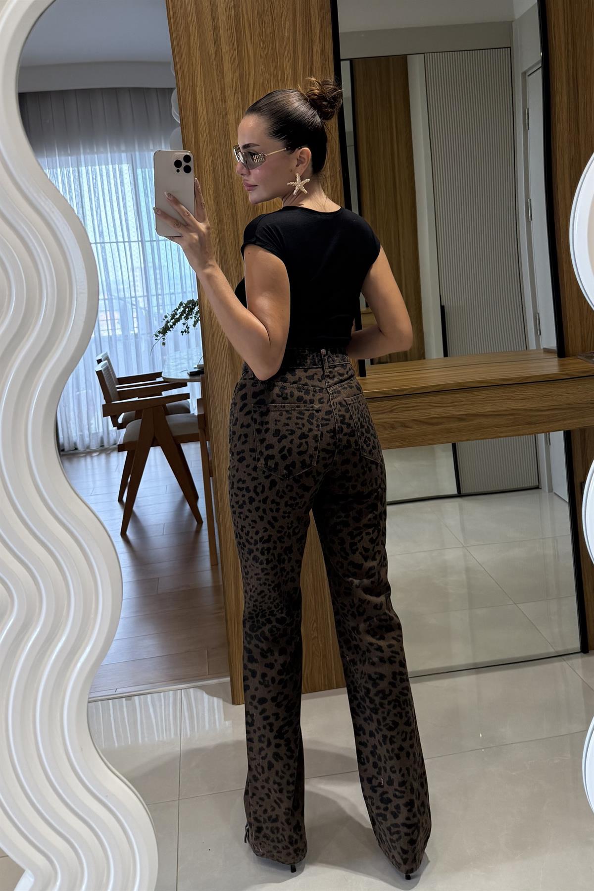 Anvers Leopar Desenli Yüksek Bel Jean