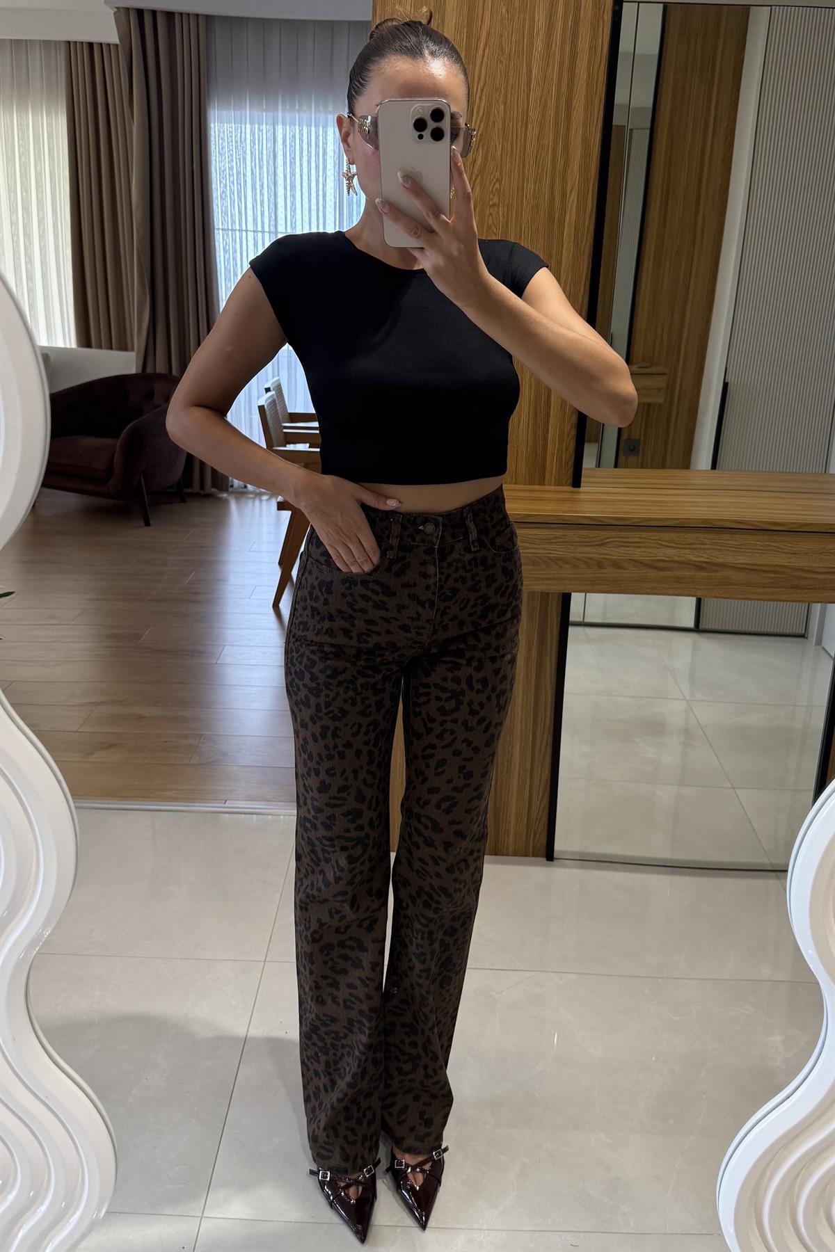 Anvers Leopar Desenli Yüksek Bel Jean