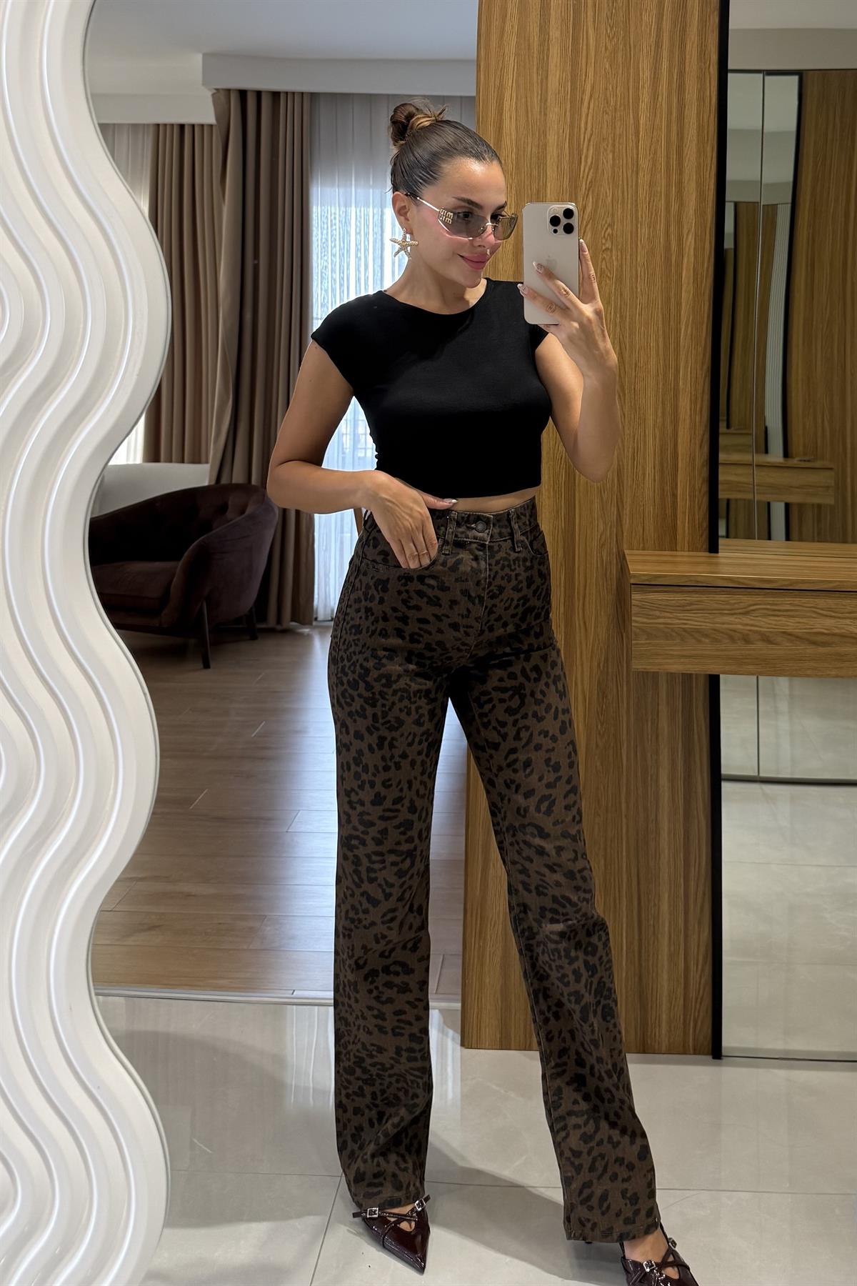 Anvers Leopar Desenli Yüksek Bel Jean